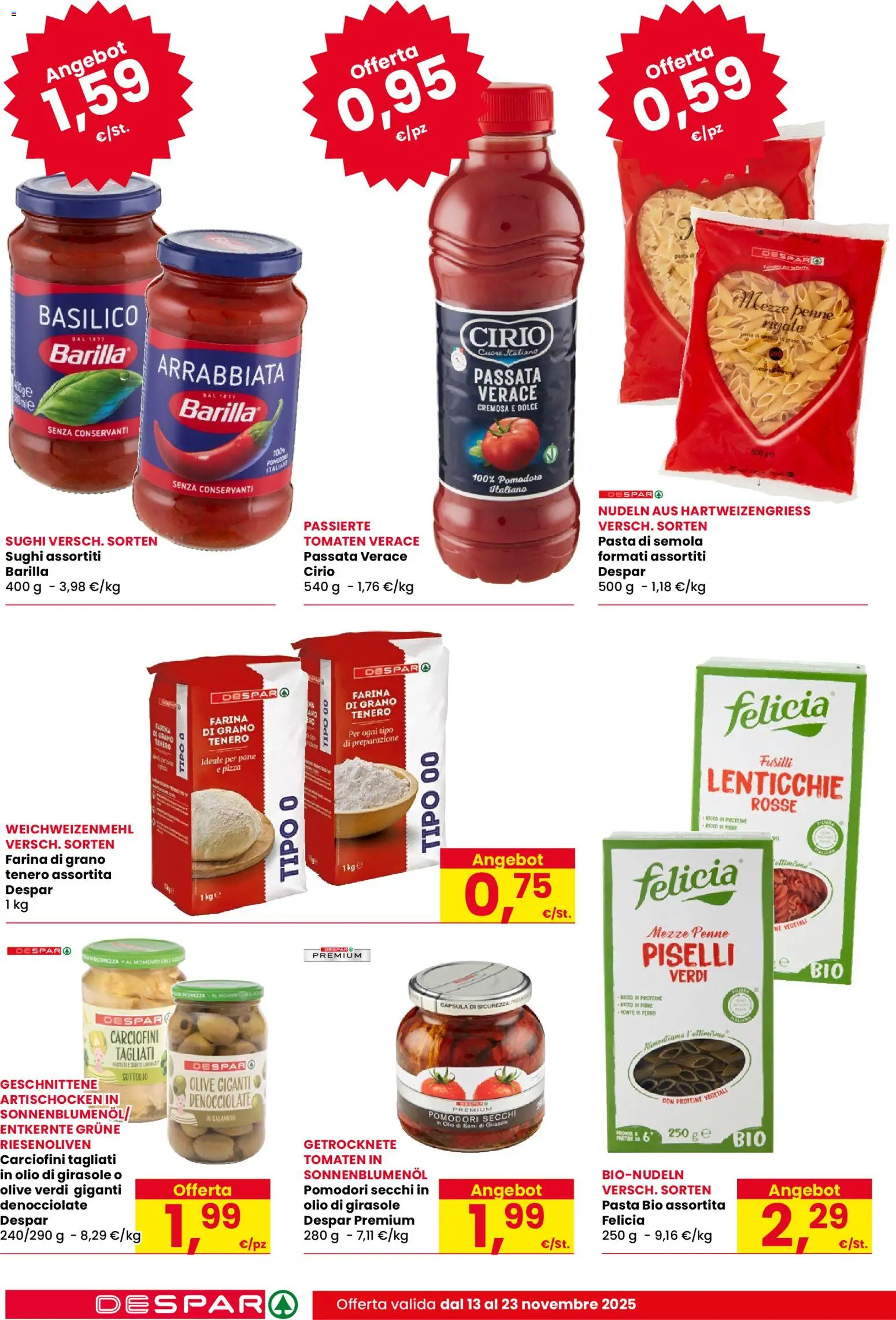 Volantino Despar del 13.11.2025 | Pagina: 16 | Prodotti: Pizza, Pomodori, Pasta, Olio di semi di girasole