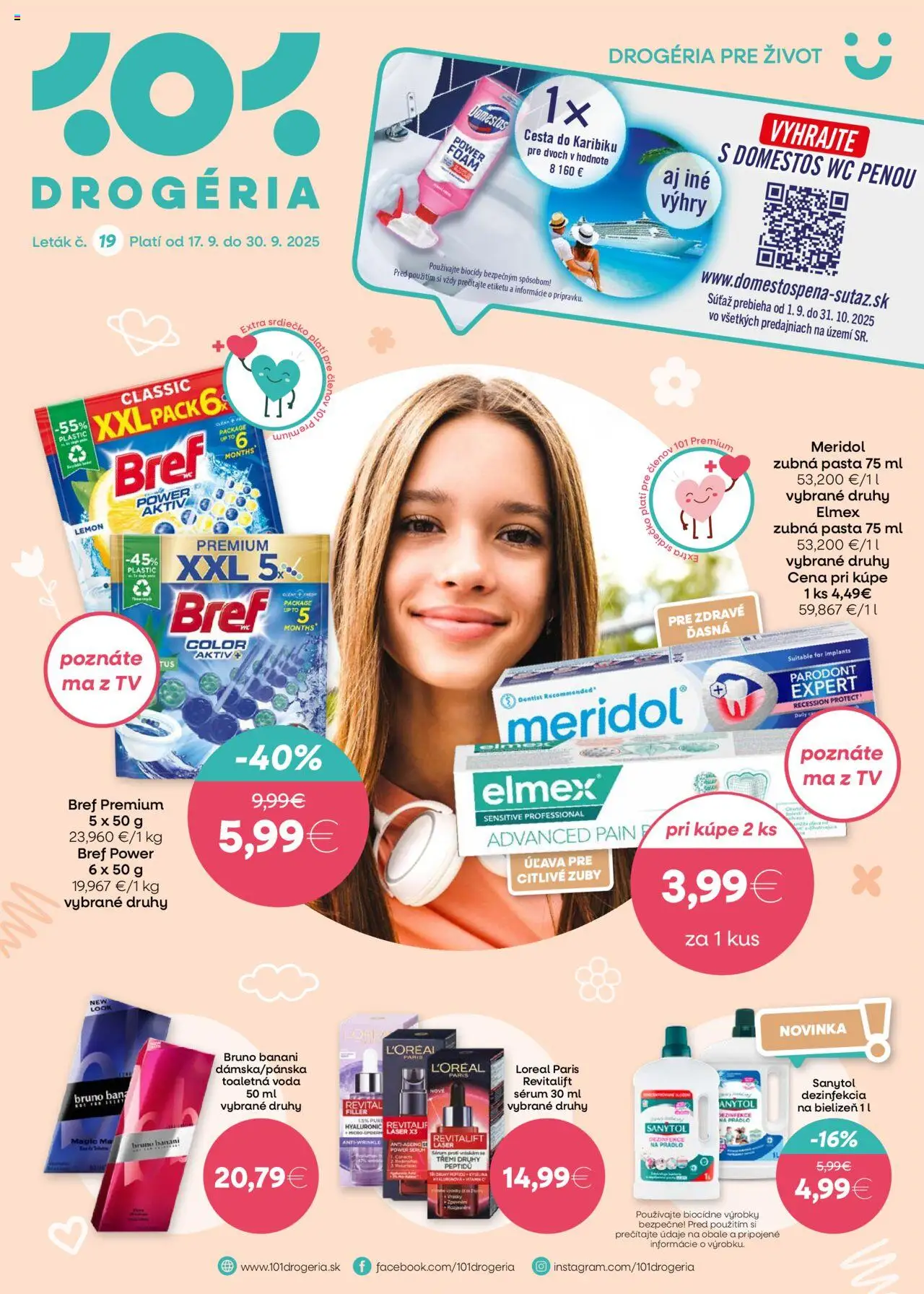 Nové 101 drogerie akcie – leták je platný od 17.09.2025 | Strana: 1 | Produkty: Tv, Laser, Sanytol, Toaletná voda