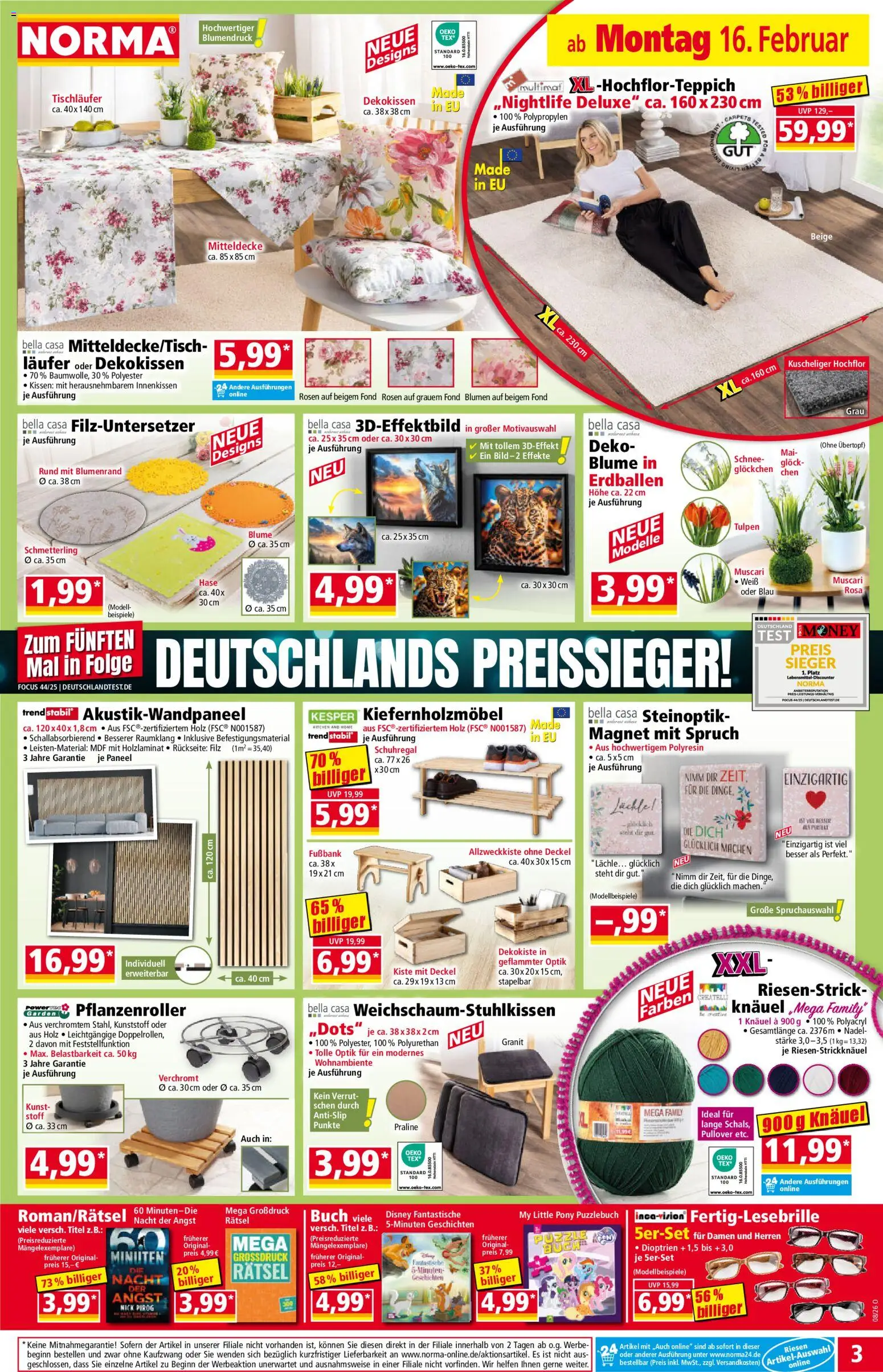 Norma Prospekt 	 – gültig ab 16.02.2026 | Seite: 3 | Produkte: Kissen, Blumen, Schuhregal, Pullover