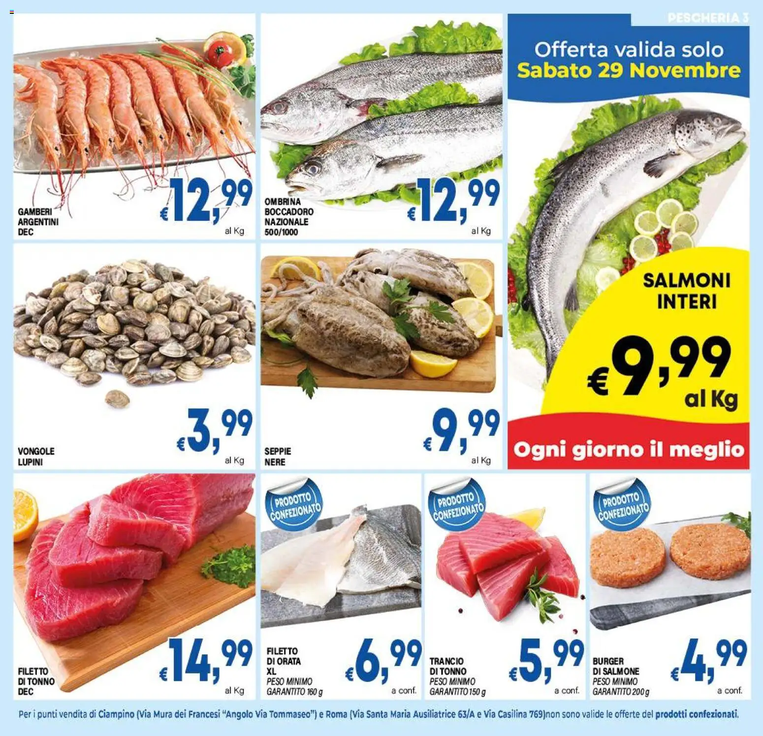 Volantino DEM del 27.11.2025 | Pagina: 3 | Prodotti: Salmone, Gamberi, Vongole, Orata