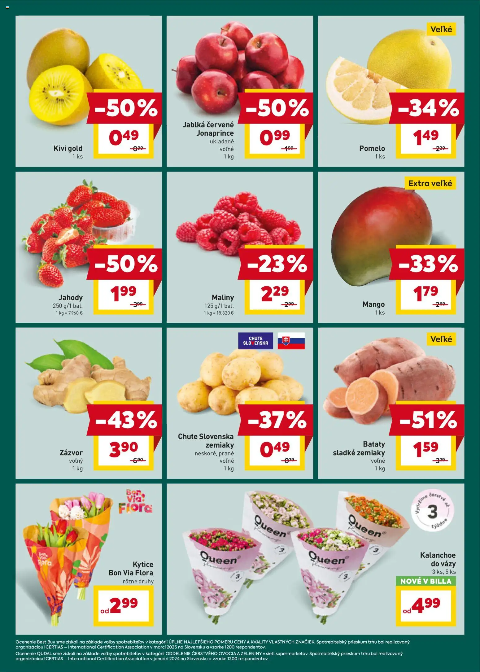 Nové Billa akcie – leták je platný od 21.01.2026 | Strana: 3 | Produkty: Zemiaky, Batáty, Pomelo, Flora