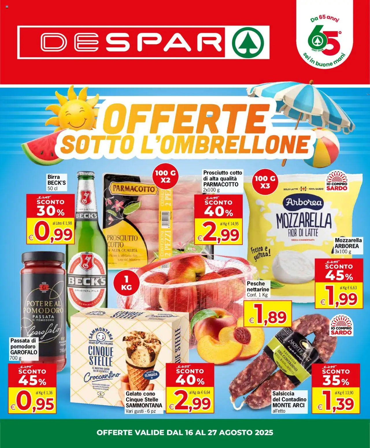 Volantino Despar del 16.08.2025 | Pagina: 1 | Prodotti: Birra, Pomodoro, Latte, Salsiccia