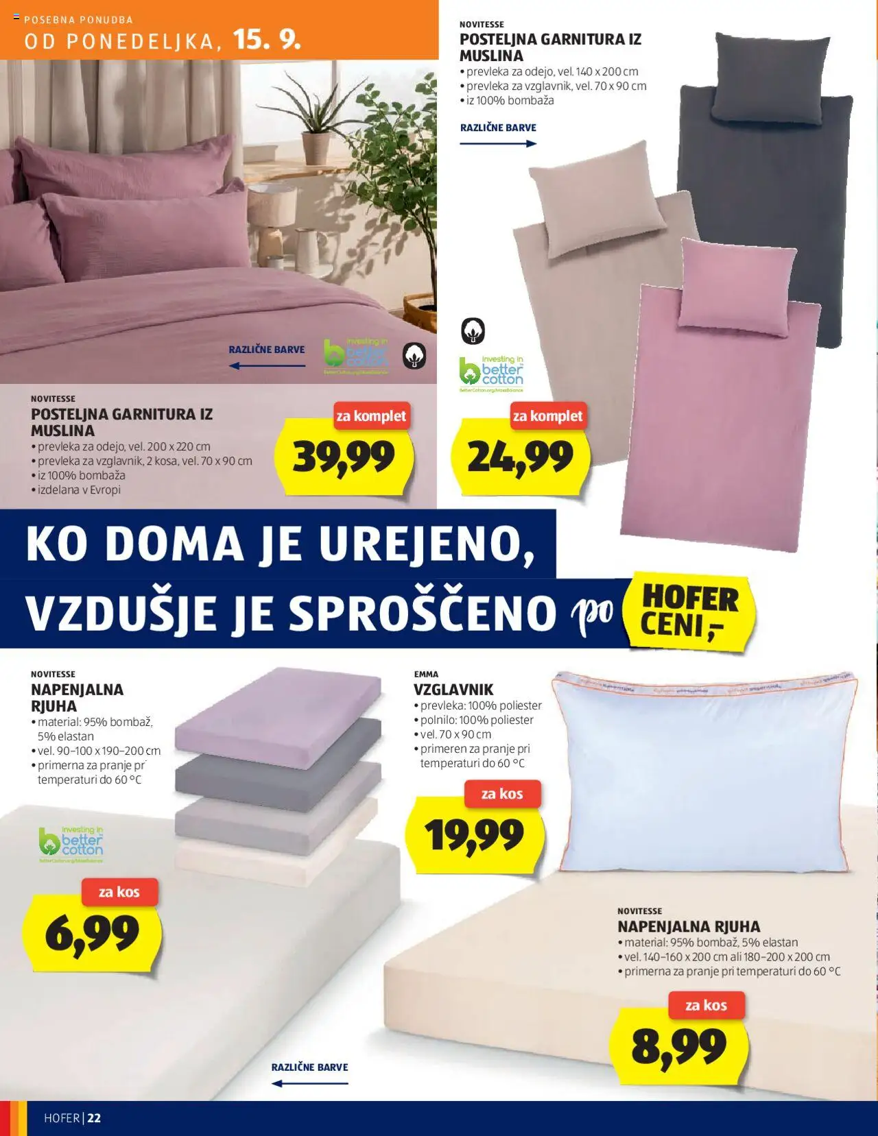 Novi Hofer katalog ponudbe – veljaven od 11.09.2025 | Stran: 22 | Izdelki: Vzglavnik, Prevleka, Rjuha, Kos