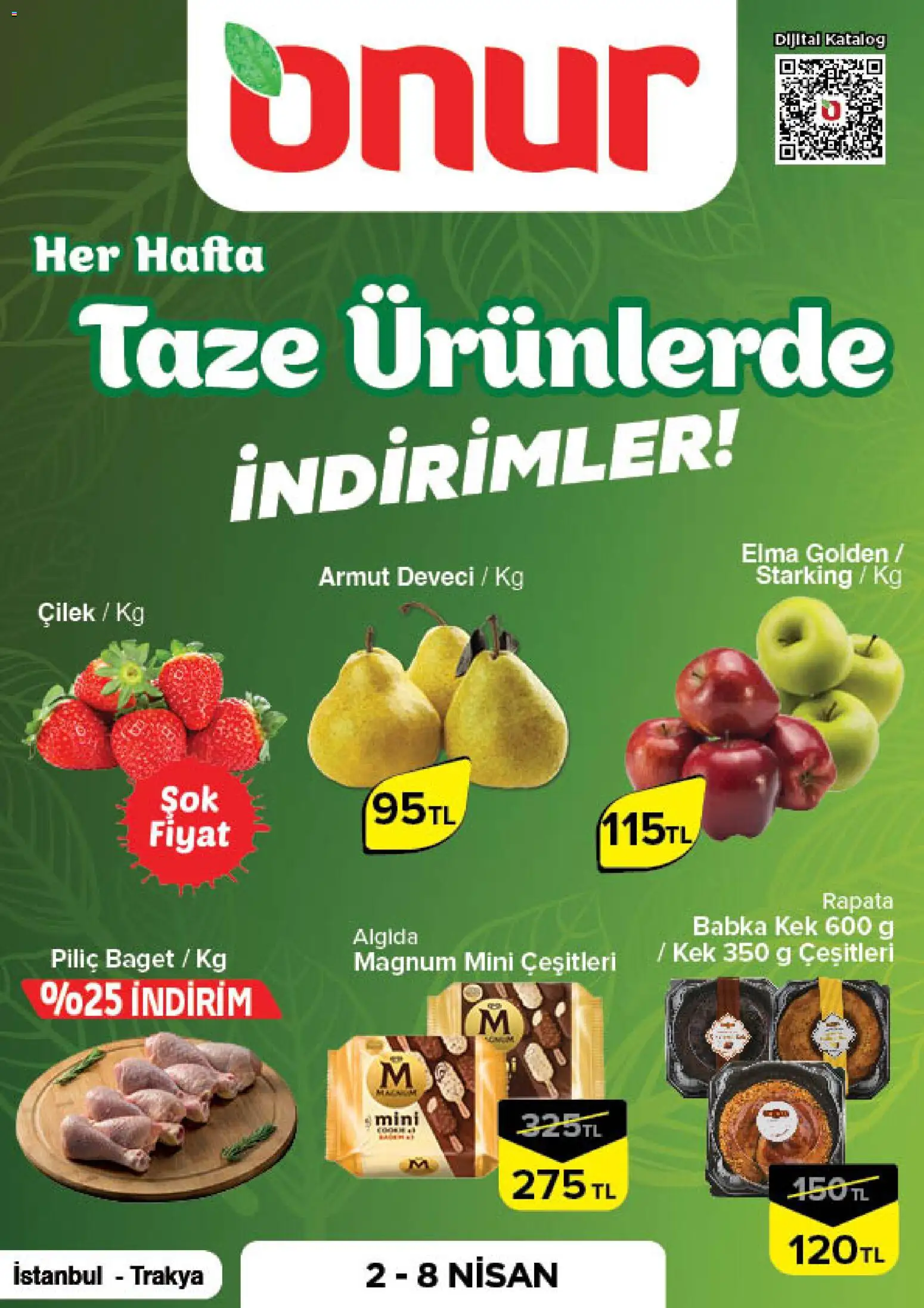 Onur Market - Taze Ürünlerde İndirimler - İstanbul & Trakya - 02.04.2026 tarihinden itibaren geçerlidir | Sayfa: 1 | Ürünler: Elma, Çilek, Piliç, Armut
