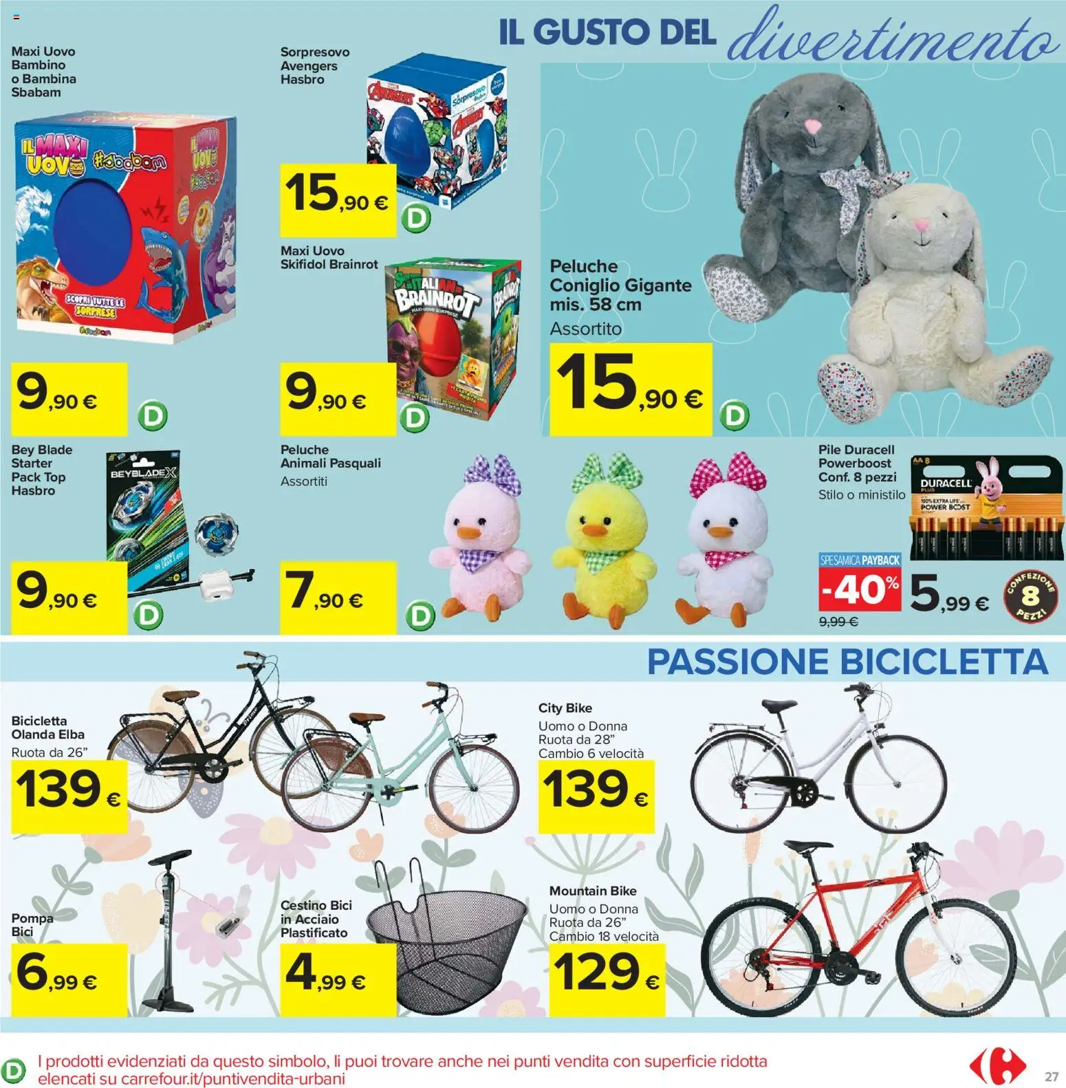 Volantino Carrefour del 24.03.2026 | Pagina: 27 | Prodotti: Bicicletta, Pile, Peluche, Cestino