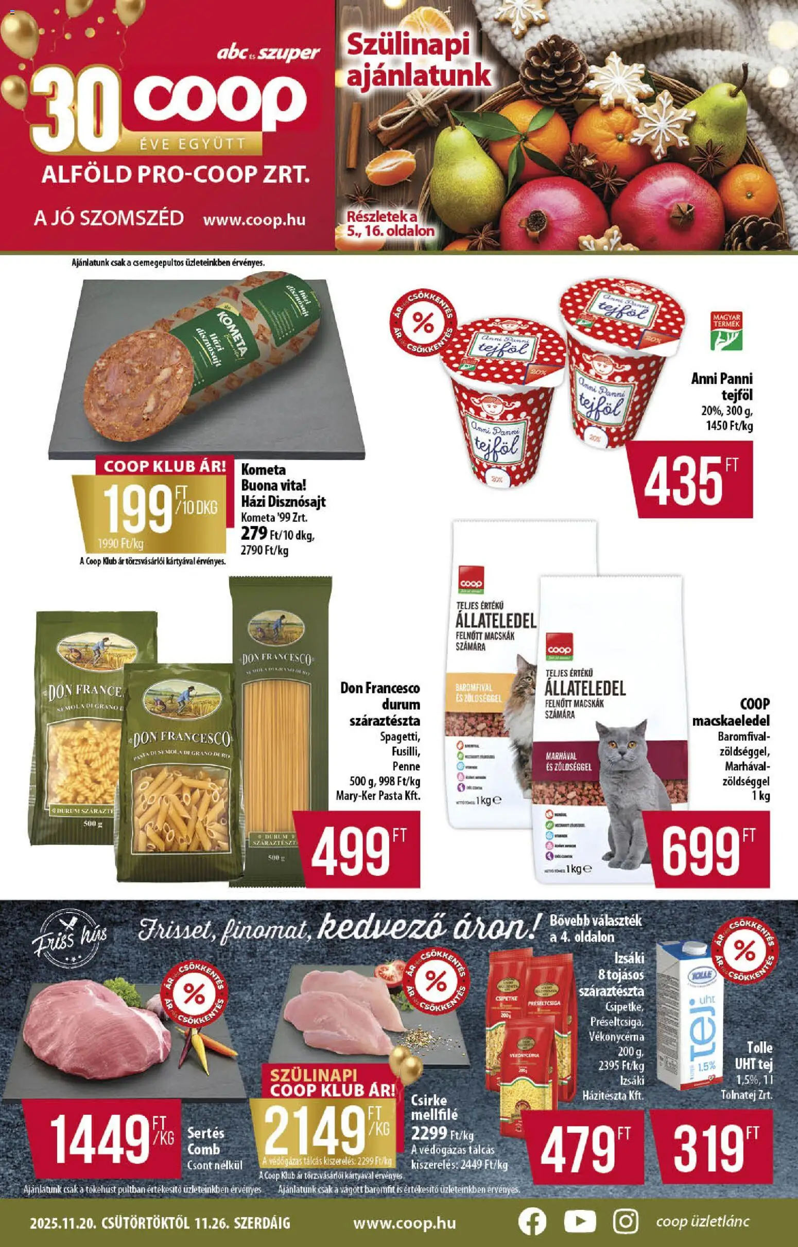 COOP akciós ujság - amely érvényes a következő dátumtól: 20.11.2025 | Oldal: 1 | Termékek: Macskaeledel, Penne, Tej, Tejföl