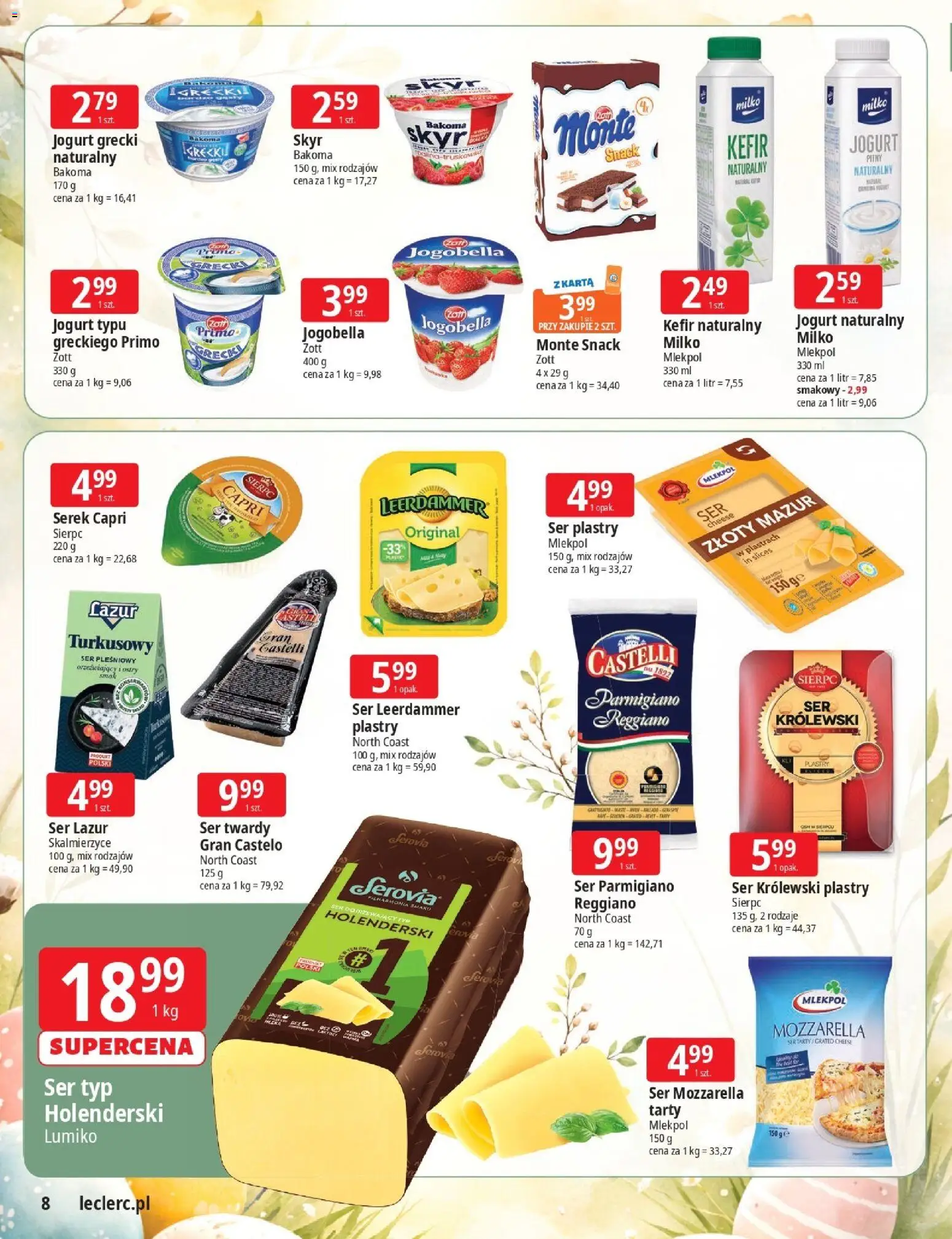 E.Leclerc gazetka - Zielona Góra Wielkanoc od 17.03.2026 | Strona: 8 | Produkty: Serek, Jogurt naturalny, Kefir naturalny, Ser