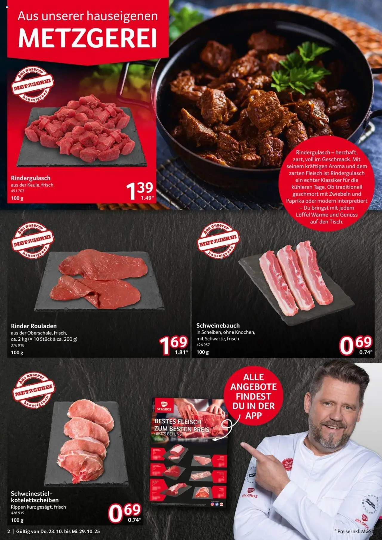 Selgros Prospekt 	 – gültig ab 23.10.2025 | Seite: 2 | Produkte: Rindergulasch, Schweinebauch, Zwiebeln, Fleisch