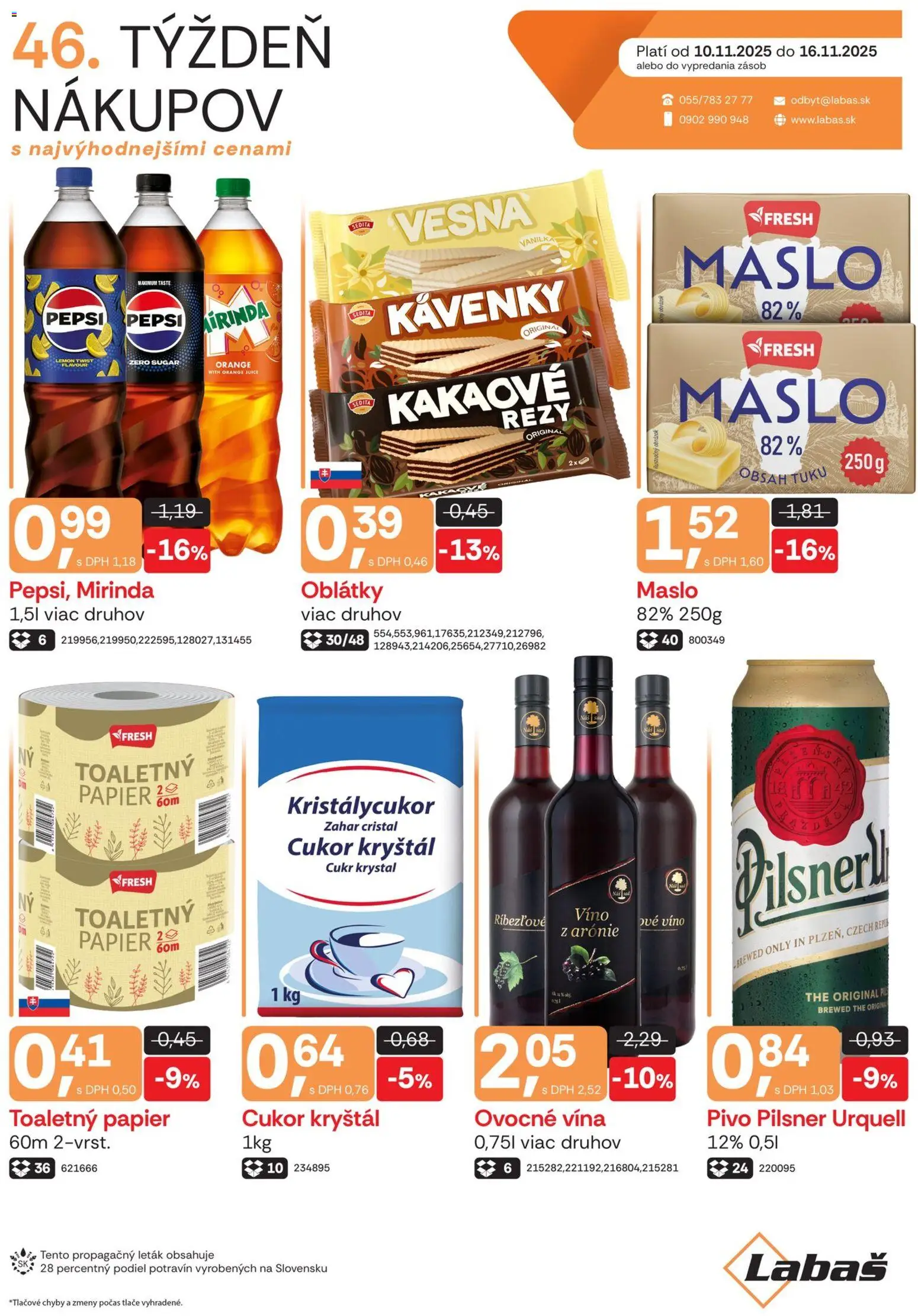 Nové Labaš akcie – leták je platný od 10.11.2025 | Strana: 1 | Produkty: Maslo, Pilsner Urquell, Cukor, Mirinda