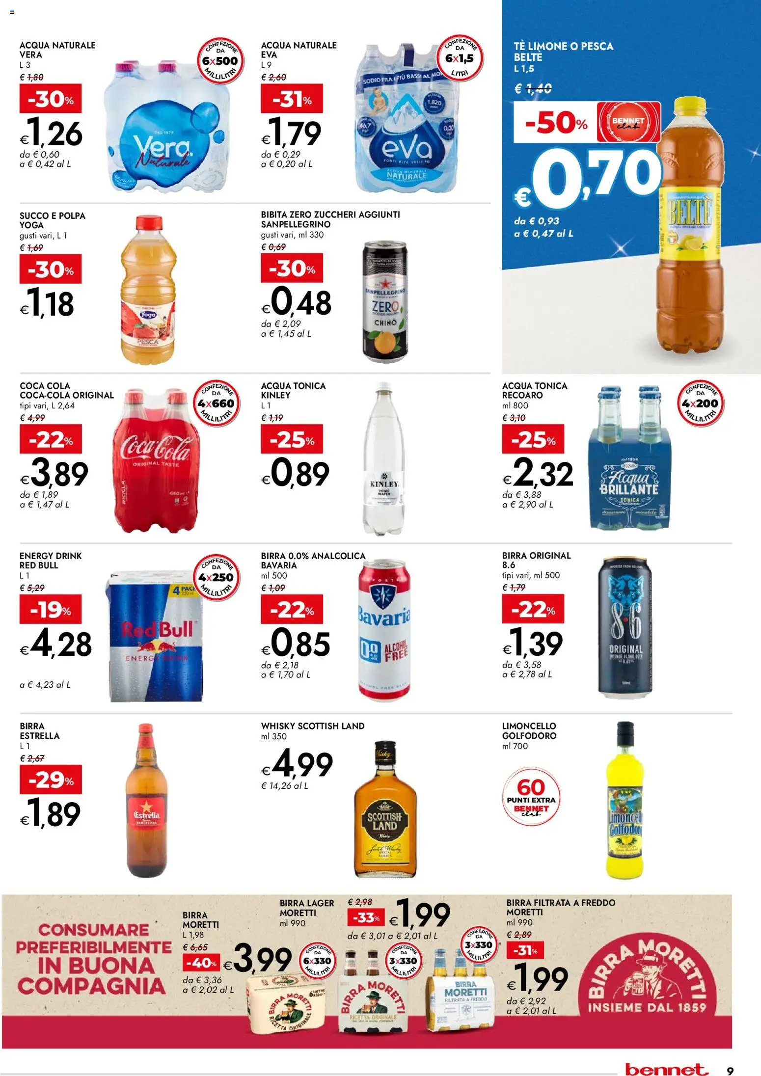 Volantino bennet del 27.12.2025 | Pagina: 9 | Prodotti: Birra, Acqua, Red Bull, Coca Cola