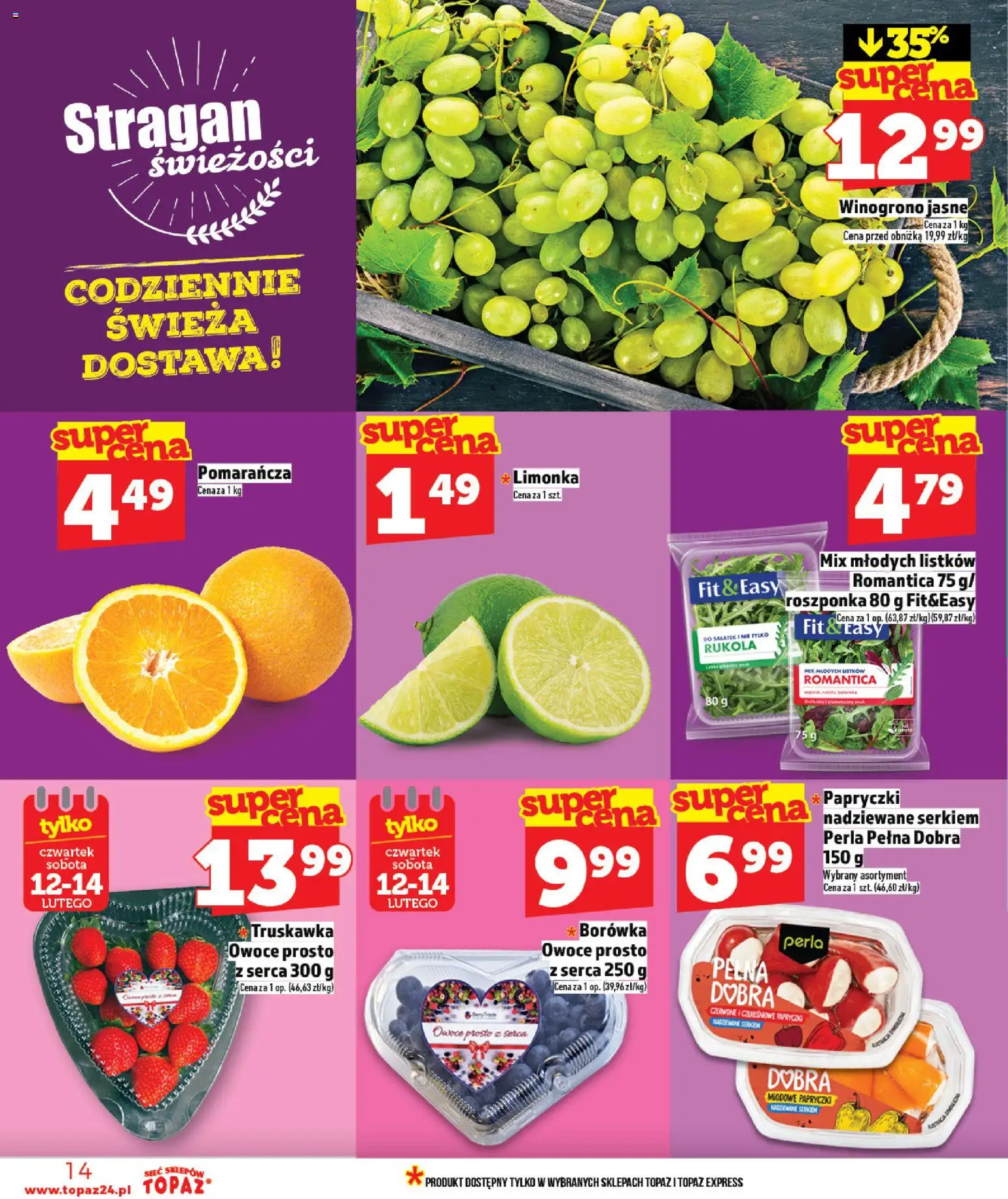 Topaz Gazetka - Ceny małe na stałe od 12.02.2026 | Strona: 14 | Produkty: Winogrono, Rukola, Roszponka, Owoce