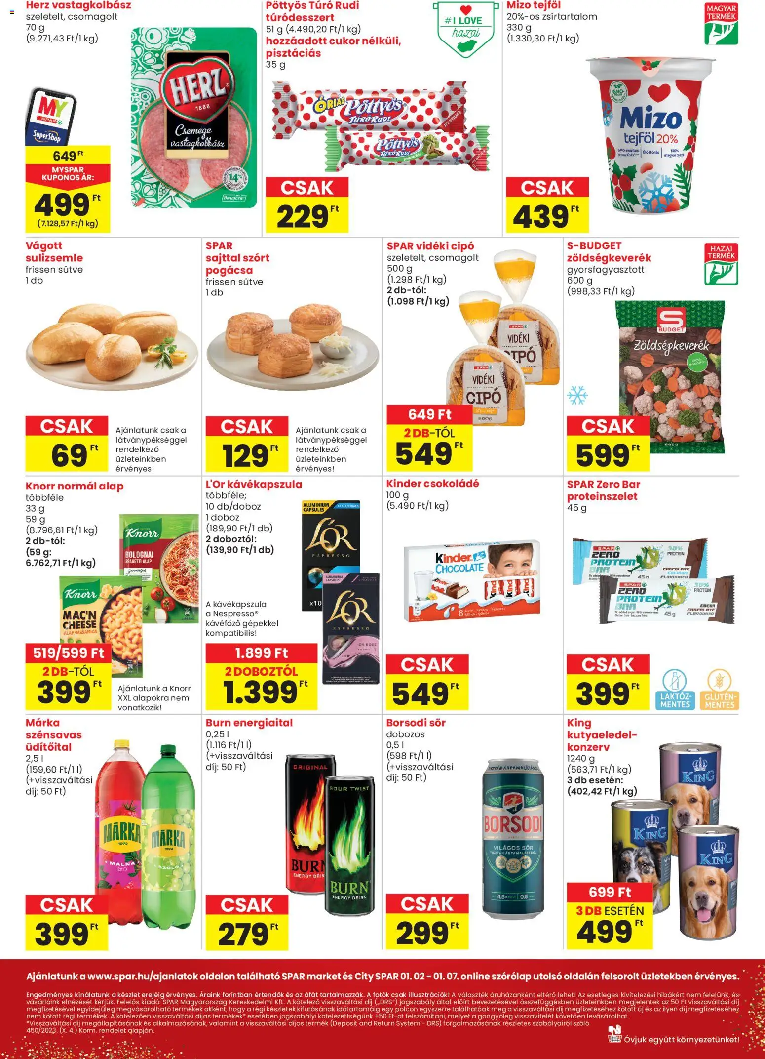 Spar akciós ujság - amely érvényes a következő dátumtól: 02.01.2026 | Oldal: 2 | Termékek: Energiaital, Kutyaeledel, Proteinszelet, Vastagkolbász
