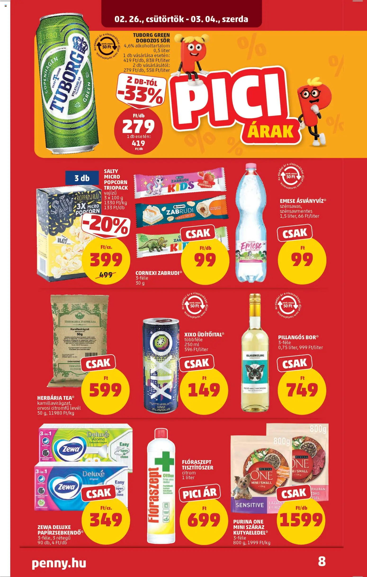 PENNY akciós ujság - amely érvényes a következő dátumtól: 26.02.2026 | Oldal: 10 | Termékek: Kutyaeledel, Popcorn, Dobozos sör, Tea