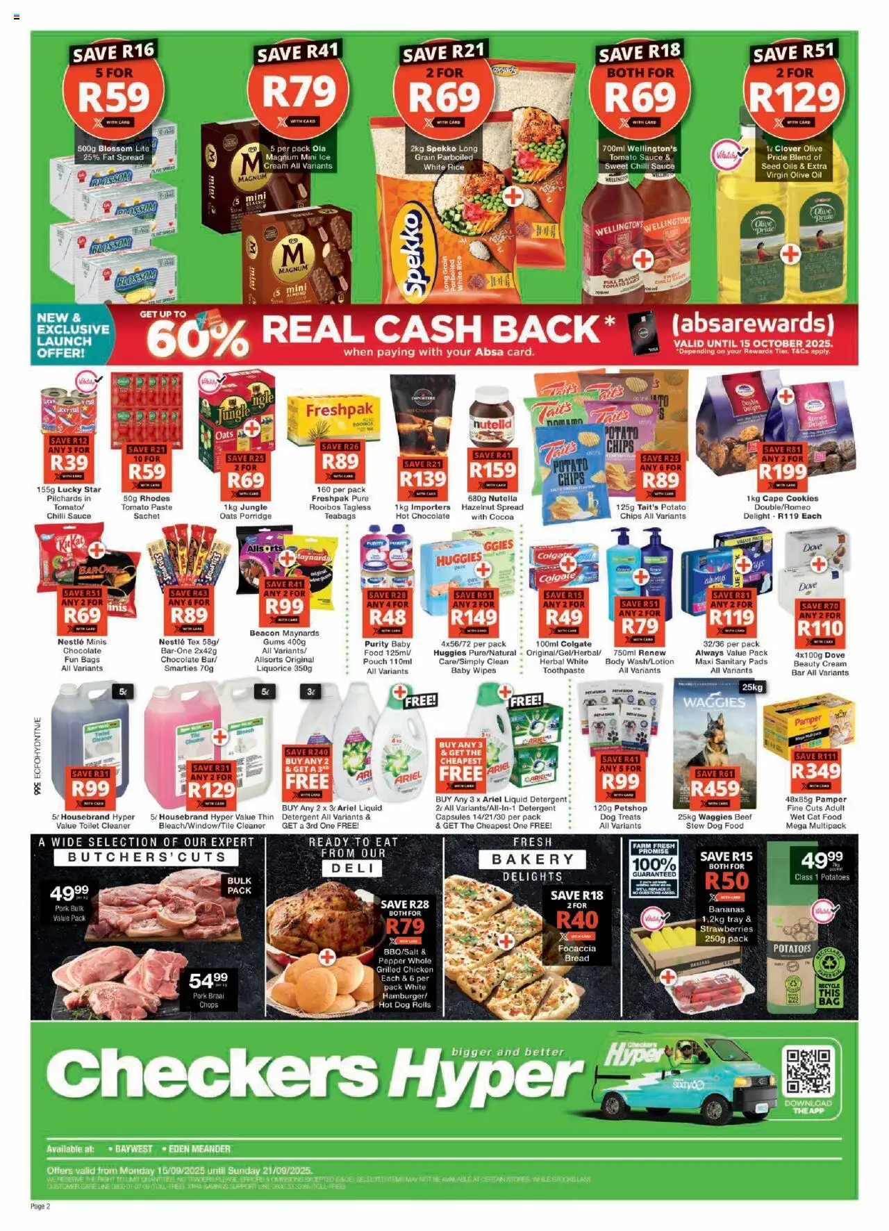 New Checkers catalogue – valid from 15.09.2025 | Page: 2 | Products: Bleach, Oats, Chocolate, Cream