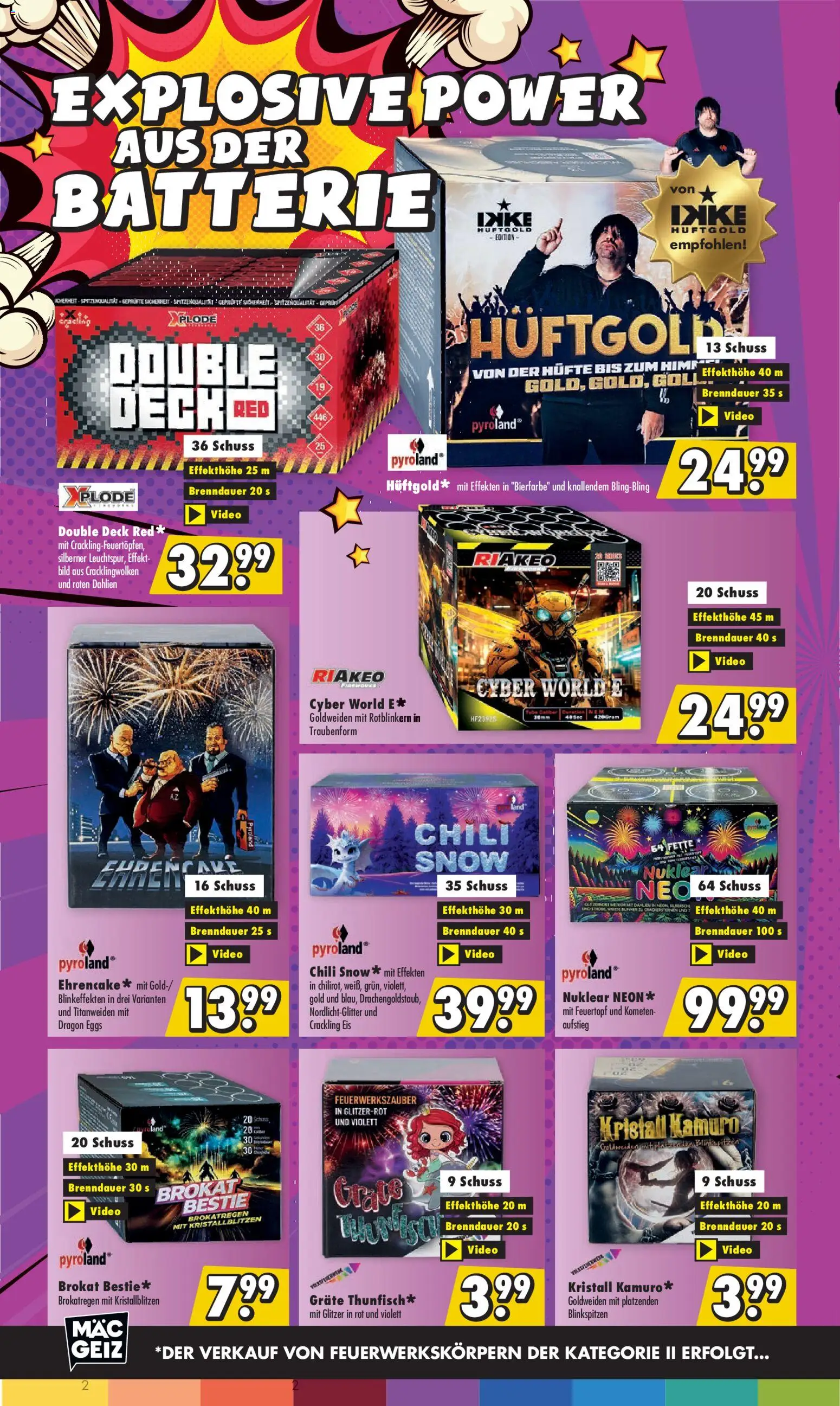 Mäc Geiz Feuerwerksverkauf – gültig ab 29.12.2025 | Seite: 2 | Produkte: Batterie, Chili, Eis, Video