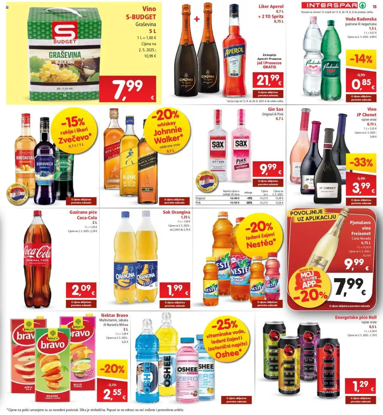 Interspar katalog | vrijedi od 13.08.2025 | Stranica: 15 | Proizvodi: Bijelo vino, Prosecco, Voda, Borovnica