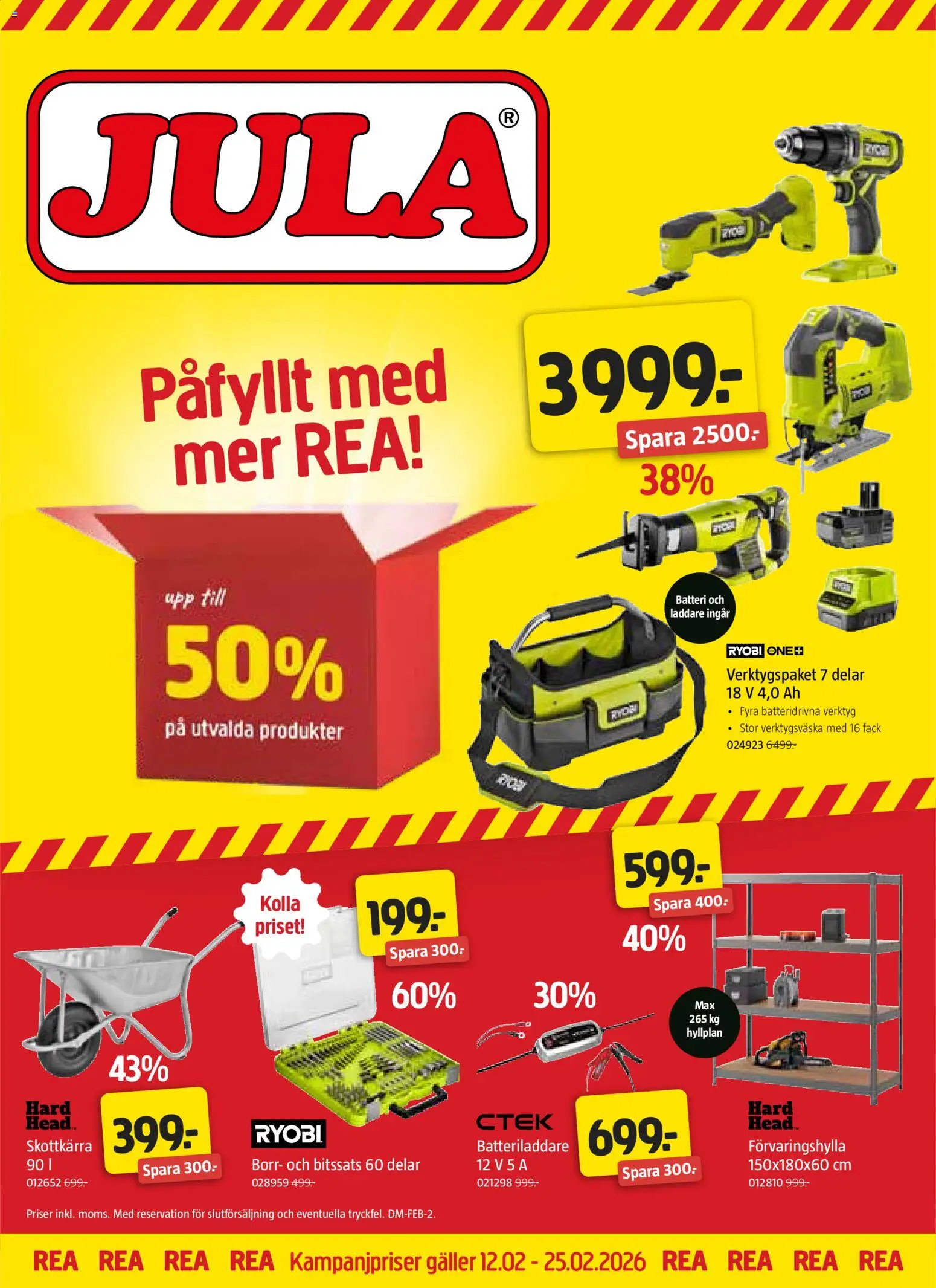 Jula reklamblad aktuell från 12.02.2026 | Sida: 1 | Produkter: Skottkärra, Borr, Batteri, Laddare