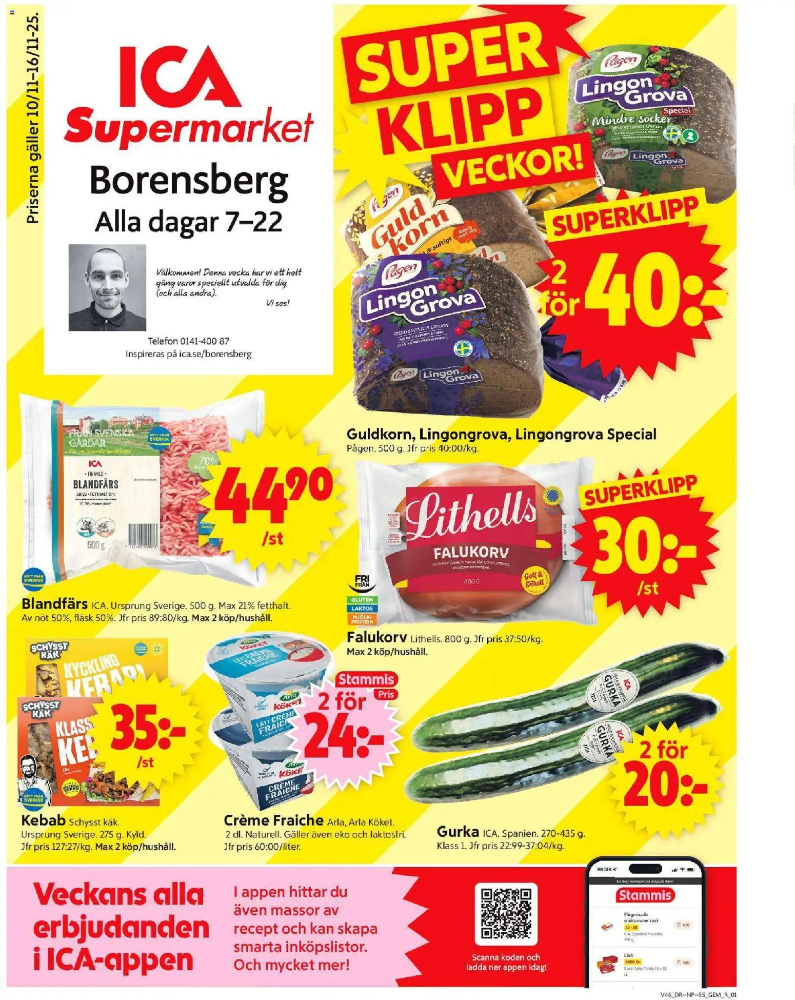 ICA Supermarket reklamblad aktuell från 10.11.2025 | Sida: 1 | Produkter: Blandfärs, Mjölk, Fläsk, Gurka
