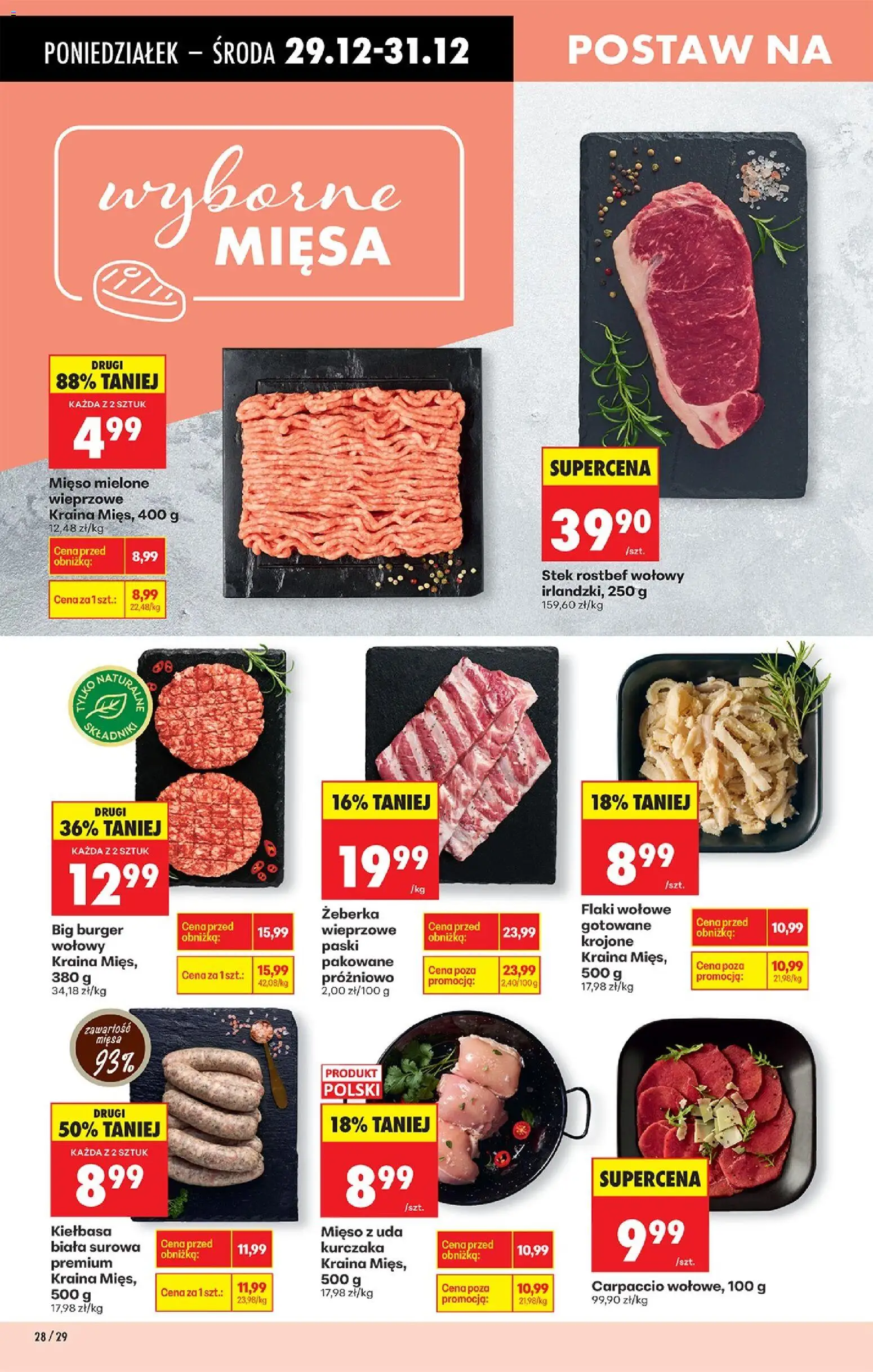 Biedronka gazetka od 29.12.2025 | Strona: 36 | Produkty: Kiełbasa, Burger wołowy, Kraina mięs, Flaki wołowe
