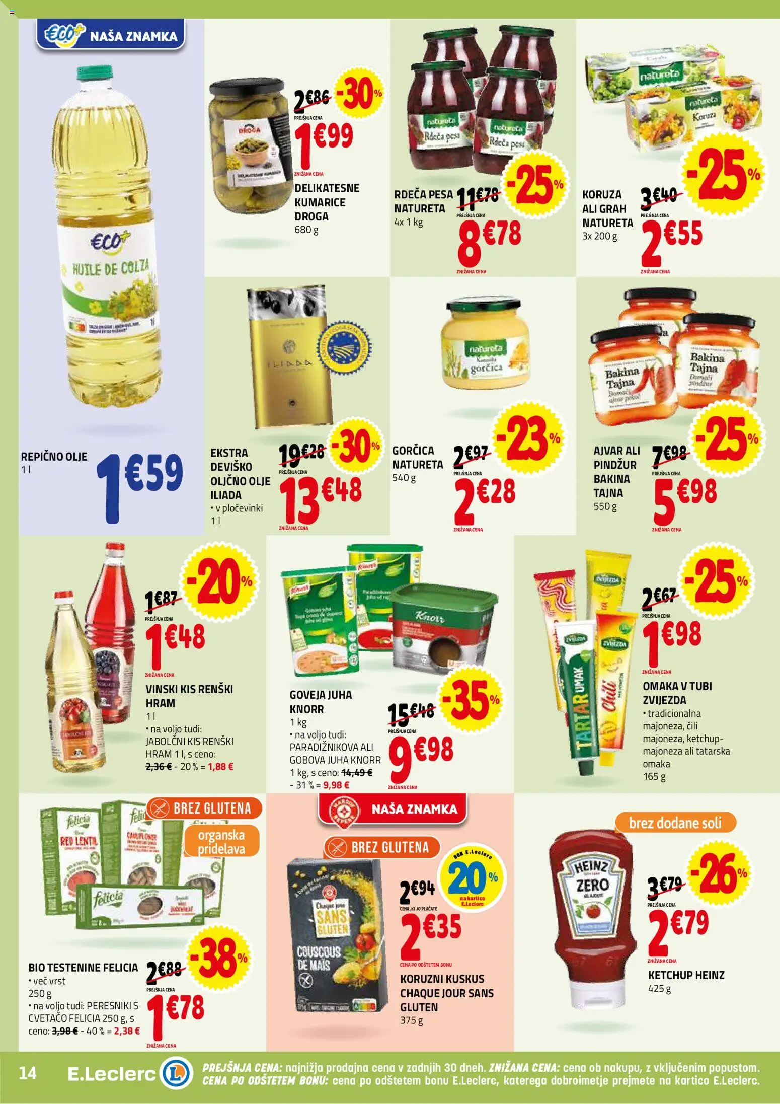 Novi E.leclerc katalog ponudbe – veljaven od 14.01.2026 | Stran: 14 | Izdelki: Koruza, Juha, Jabolčni kis, Omaka
