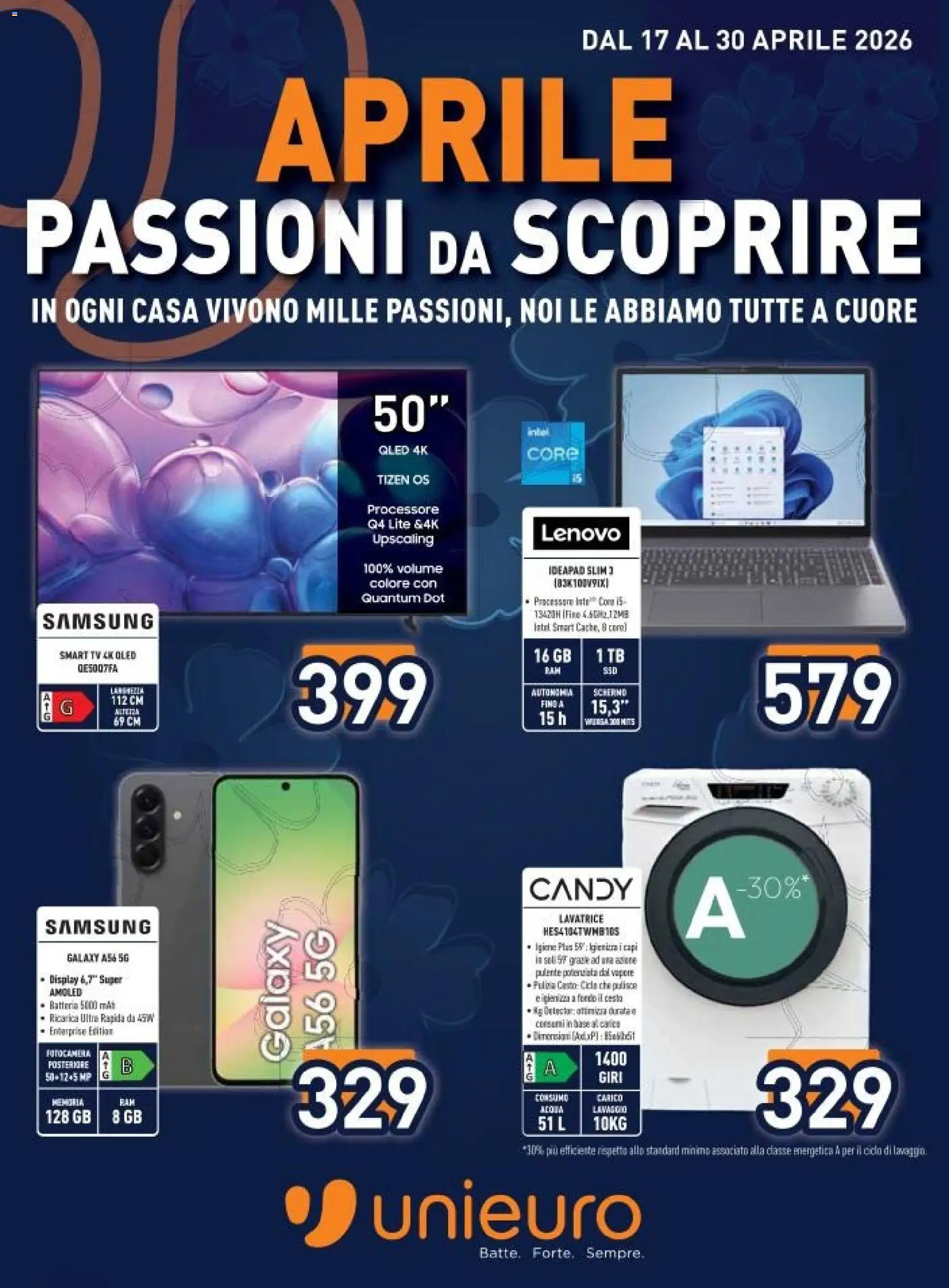 Volantino Unieuro del 17.04.2026 | Pagina: 1 | Prodotti: smart TV, Acqua, Lavatrice, TV