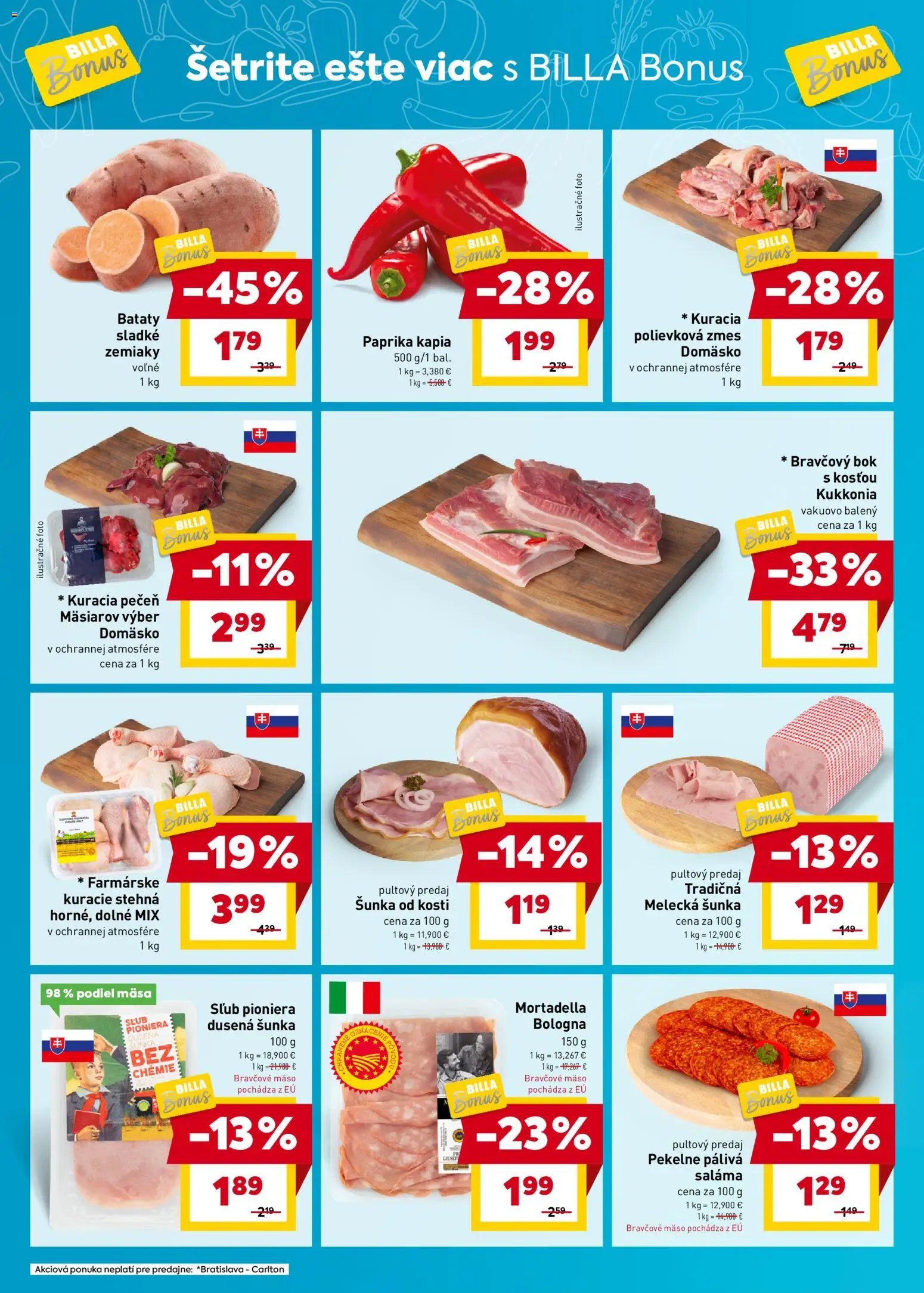 Nové Billa akcie – leták je platný od 05.11.2025 | Strana: 2 | Produkty: Saláma, Kuracie stehná, Bravčové mäso, Batáty