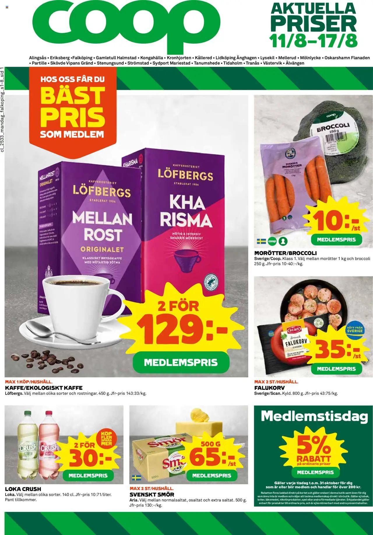 Coop reklamblad aktuell från 11.08.2025 | Sida: 1 | Produkter: Falukorv, Smör, Kaffe, Spel