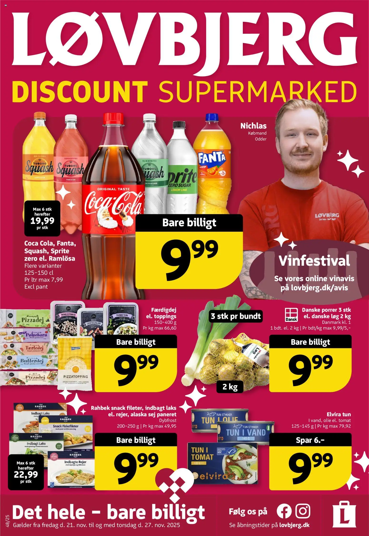 Løvbjerg tilbudsavis – gyldig fra 21.11.2025 | Side: 1 | Produkter: Pizzadej, Porrer, Tun, Fanta