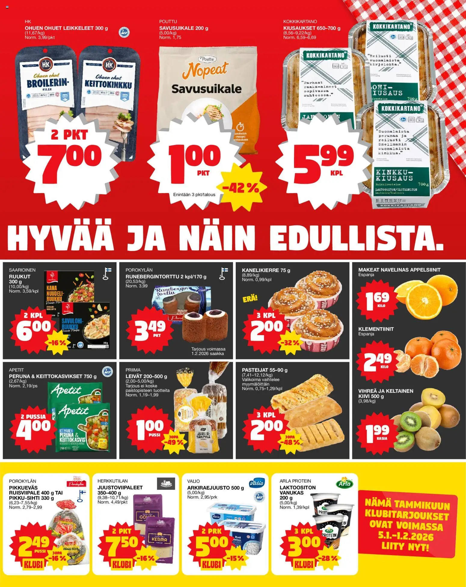 Tokmanni Ruokatarjoukset – voimassa 08.01.2026 alkaen | Sivu: 3 | Tuotteet: Juusto, Peruna, Kinkku, Klementiinit