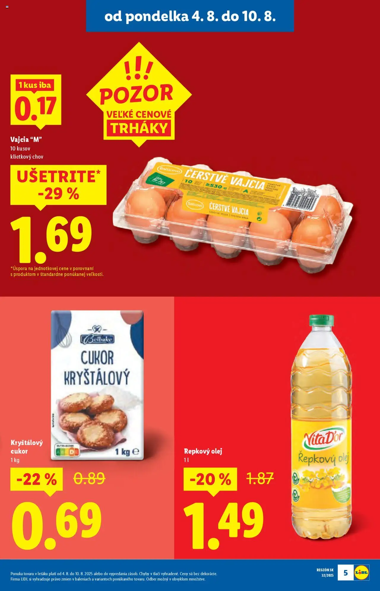 Lidl leták │ platný od 04.08.2025 | Strana: 5 | Produkty: Vajcia, Olej, Repkový olej, Cukor
