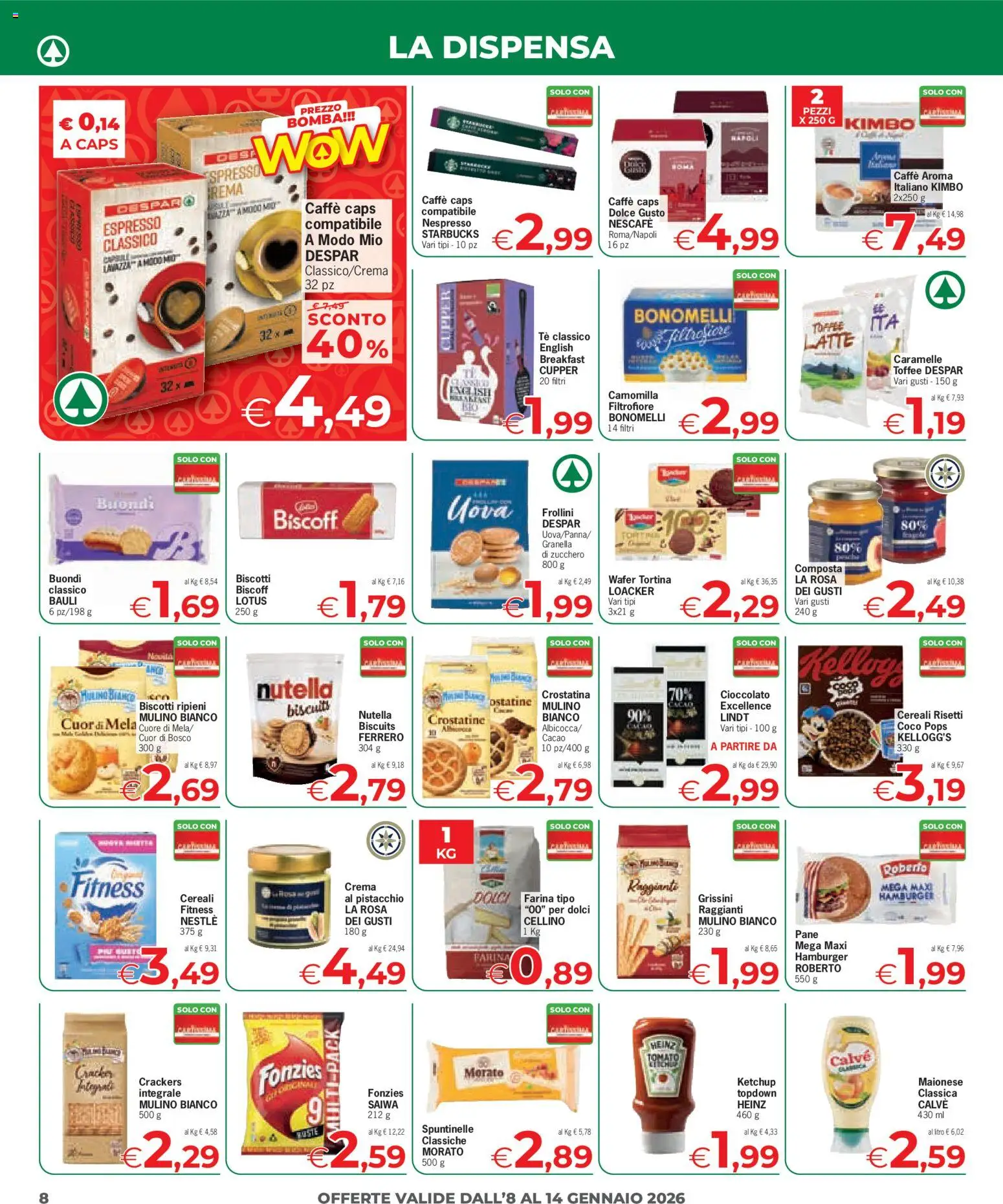Volantino Despar del 08.01.2026 | Pagina: 8 | Prodotti: Maionese, Farina, Cacao, Hamburger