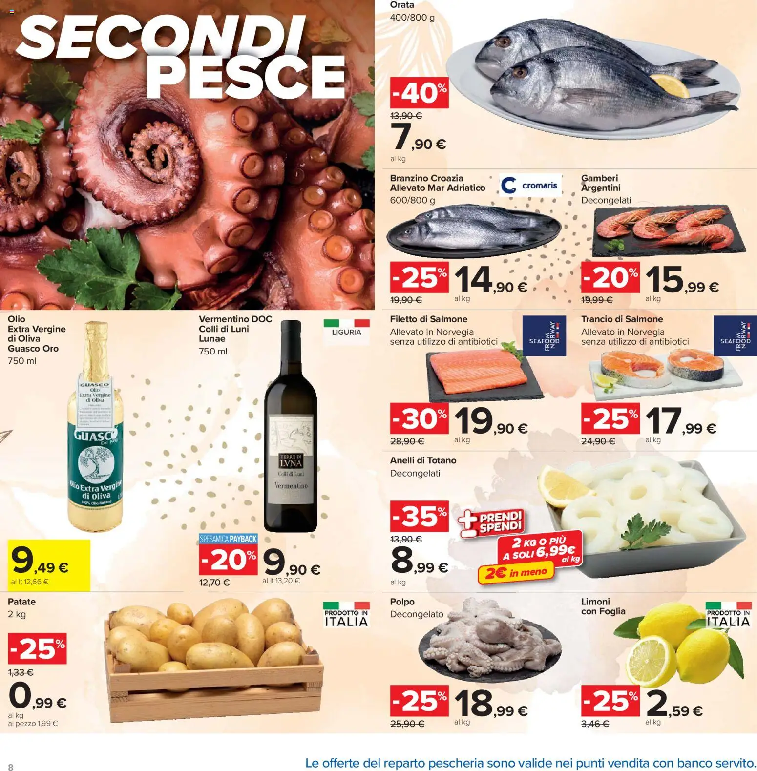 Volantino Carrefour del 24.03.2026 | Pagina: 8 | Prodotti: Pesce, Branzino, Olio extra vergine, Totano