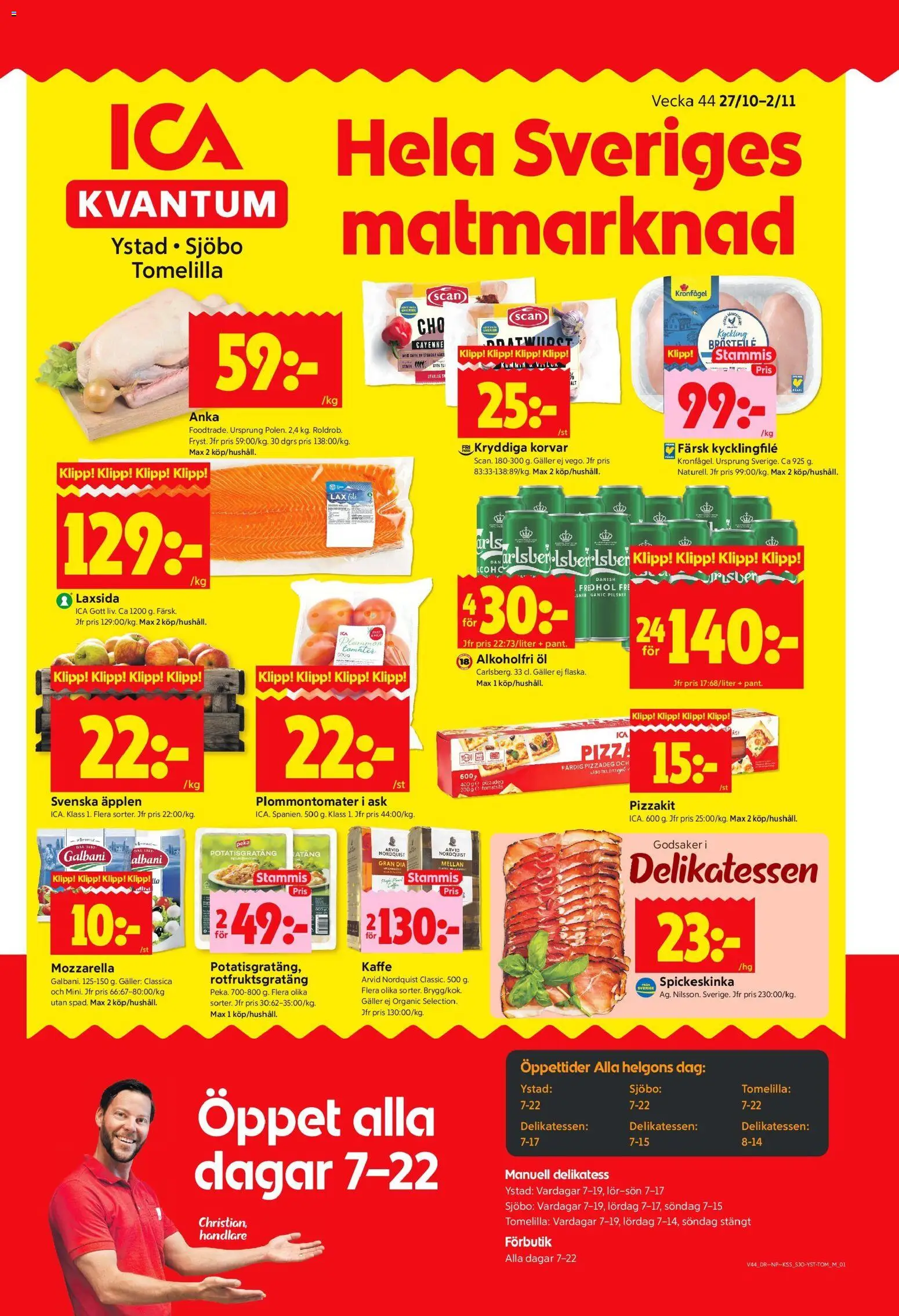 ICA Kvantum reklamblad aktuell från 27.10.2025 | Sida: 1 | Produkter: Kycklingfile, Potatisgratäng, Lax, Pizzakit