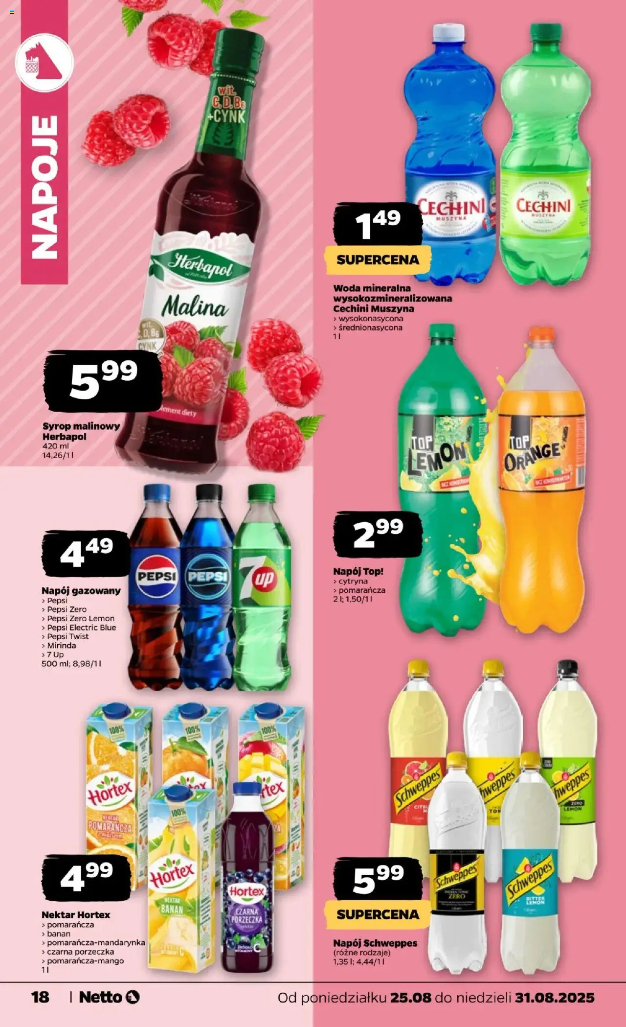Netto gazetka - Spożywcza od 25.08.2025 | Strona: 18 | Produkty: Syrop, Porzeczka, Cechini muszyna, Woda