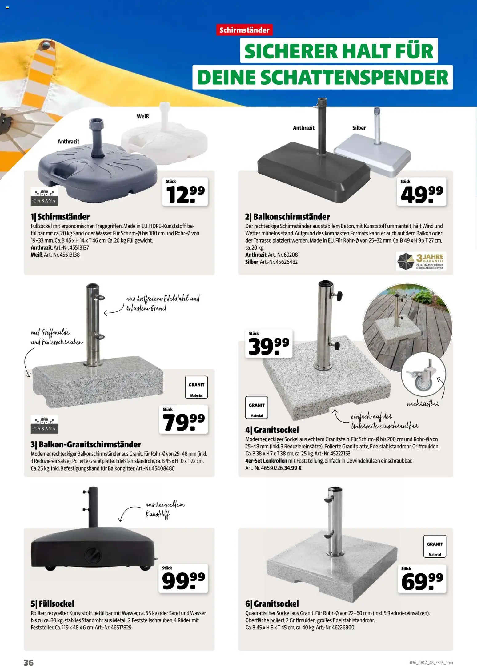 Hagebau Gartenmöbelsortiment – gültig ab 02.03.2026 | Seite: 36 | Produkte: Schirmständer, Wasser