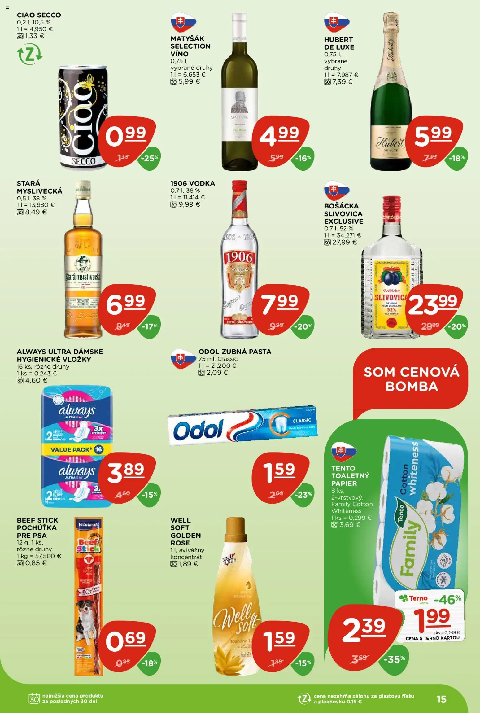 Nové Terno akcie – leták je platný od 23.04.2026 | Strana: 15 | Produkty: Víno, Bošácka slivovica, Slivovica, Hubert de Luxe
