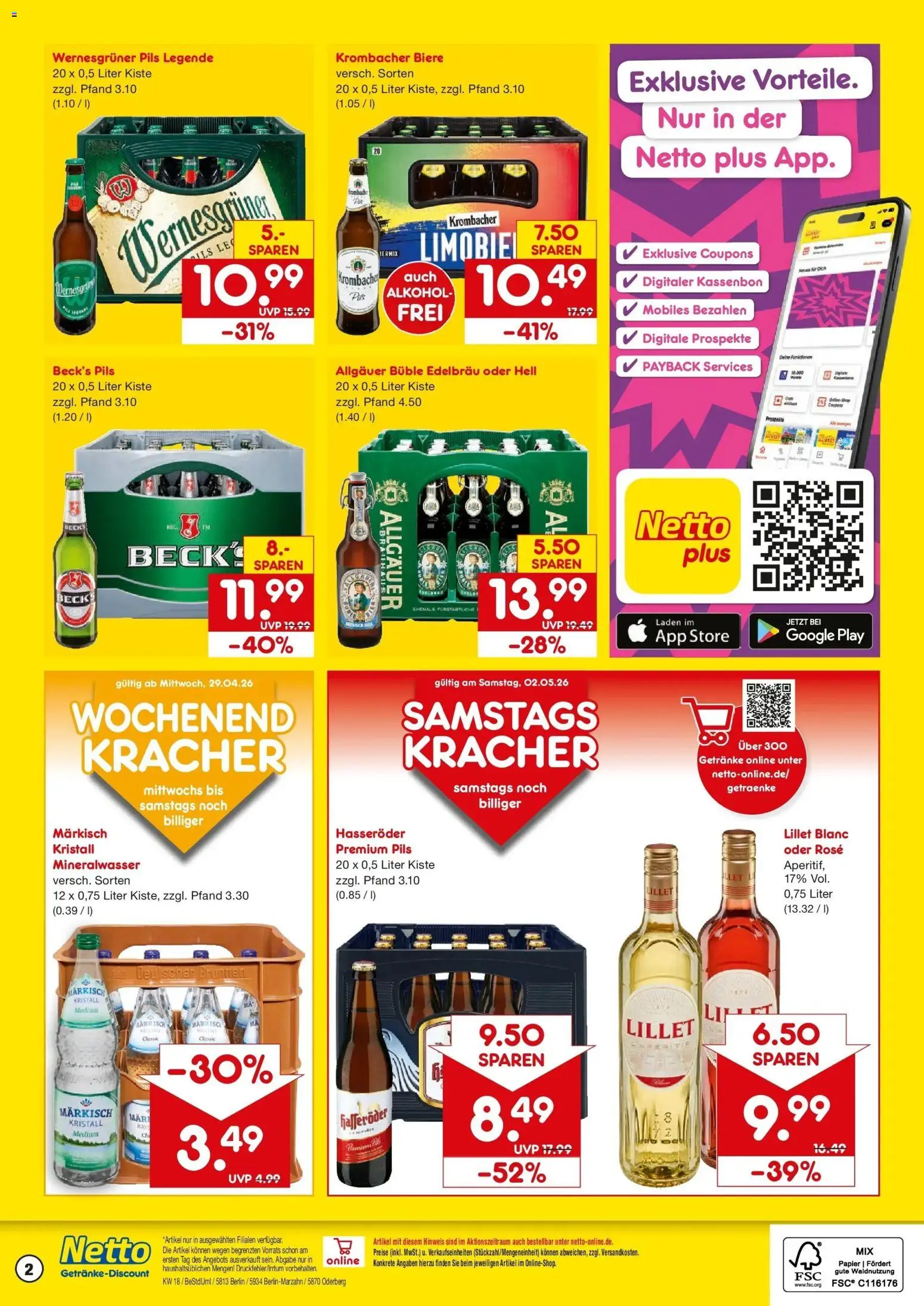 Netto Marken-Discount Prospekt Berlin	 – gültig ab 27.04.2026 | Seite: 2 | Produkte: Wernesgruner, Mineralwasser, Lillet, Hasseröder