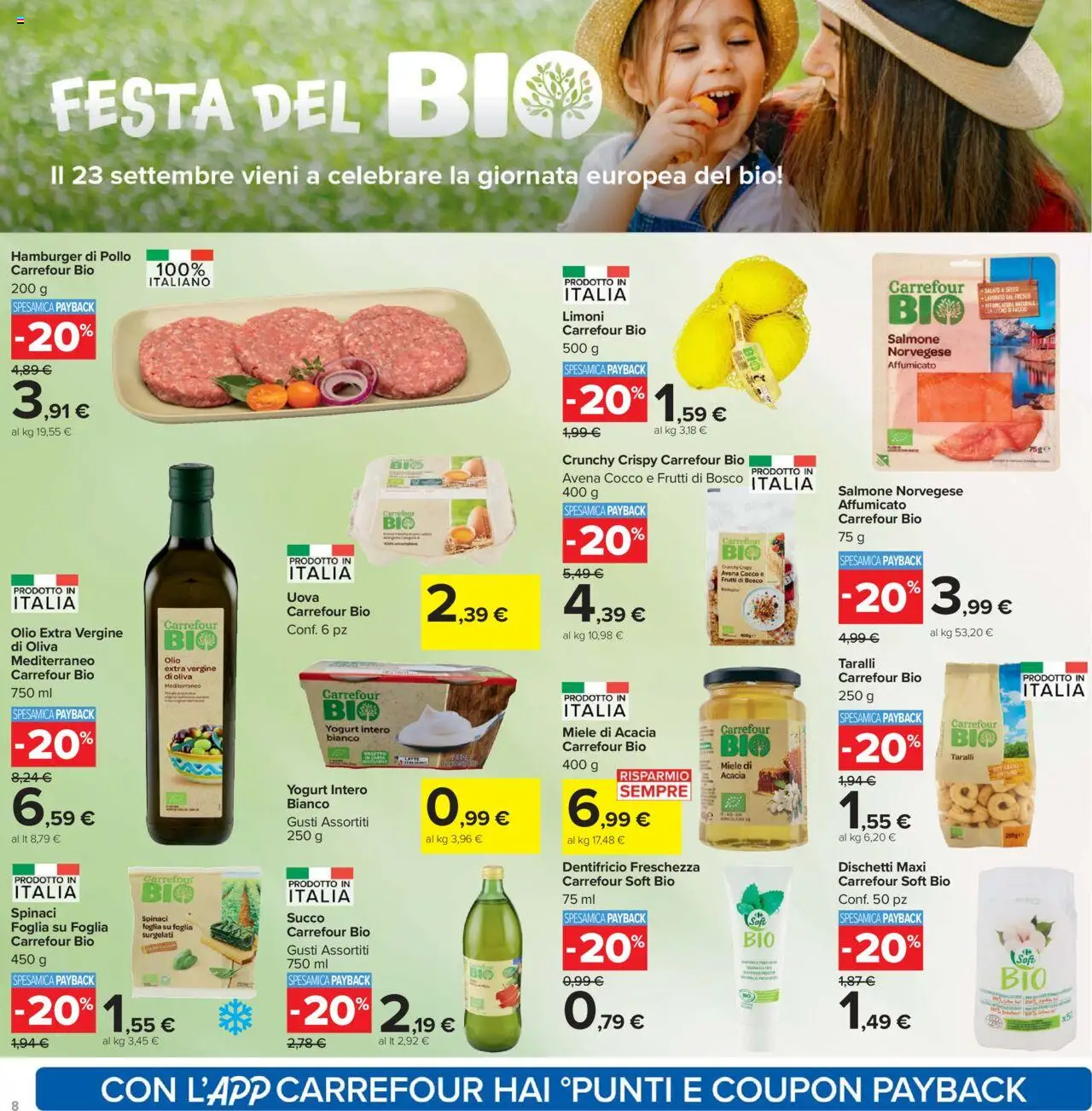 Volantino Carrefour del 15.09.2025 | Pagina: 8 | Prodotti: Spinaci, Cocco, Miele, Hamburger