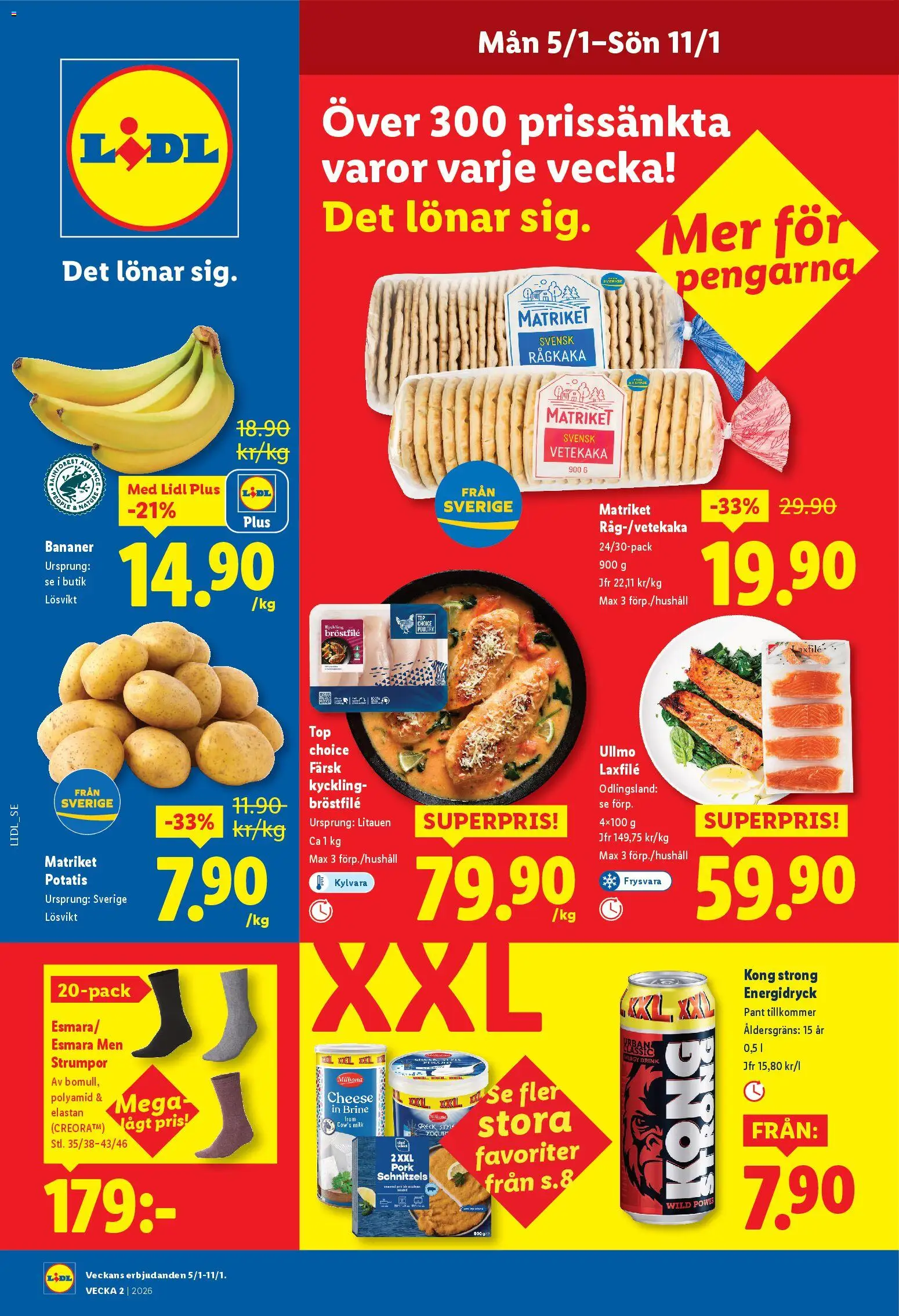 Lidl reklamblad aktuell från 05.01.2026 | Sida: 1 | Produkter: Strumpor, Energidryck, Bananer, Potatis