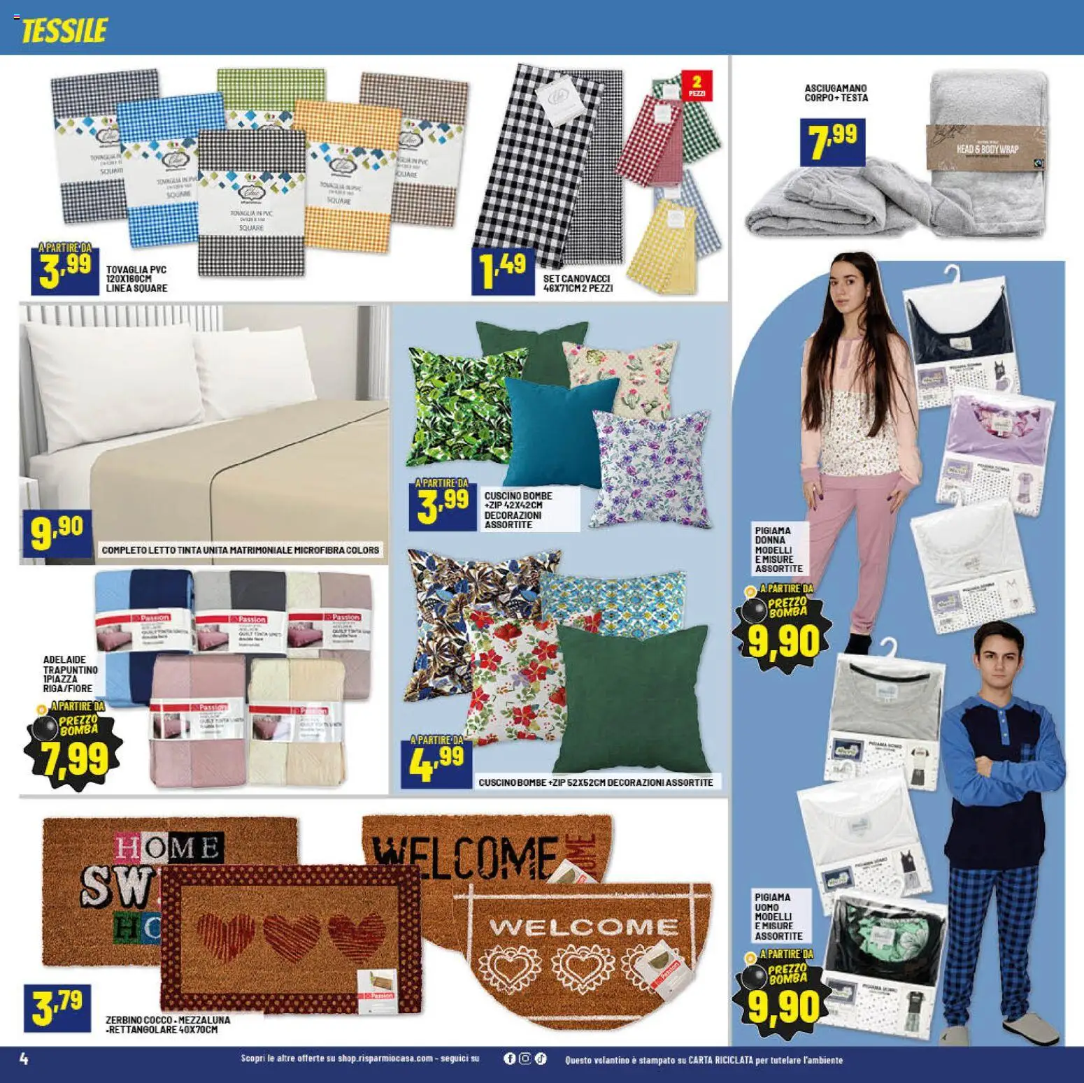 Volantino RisparmioCasa del 15.04.2026 | Pagina: 4 | Prodotti: Cuscino, Tovaglia, Zerbino, Decorazioni