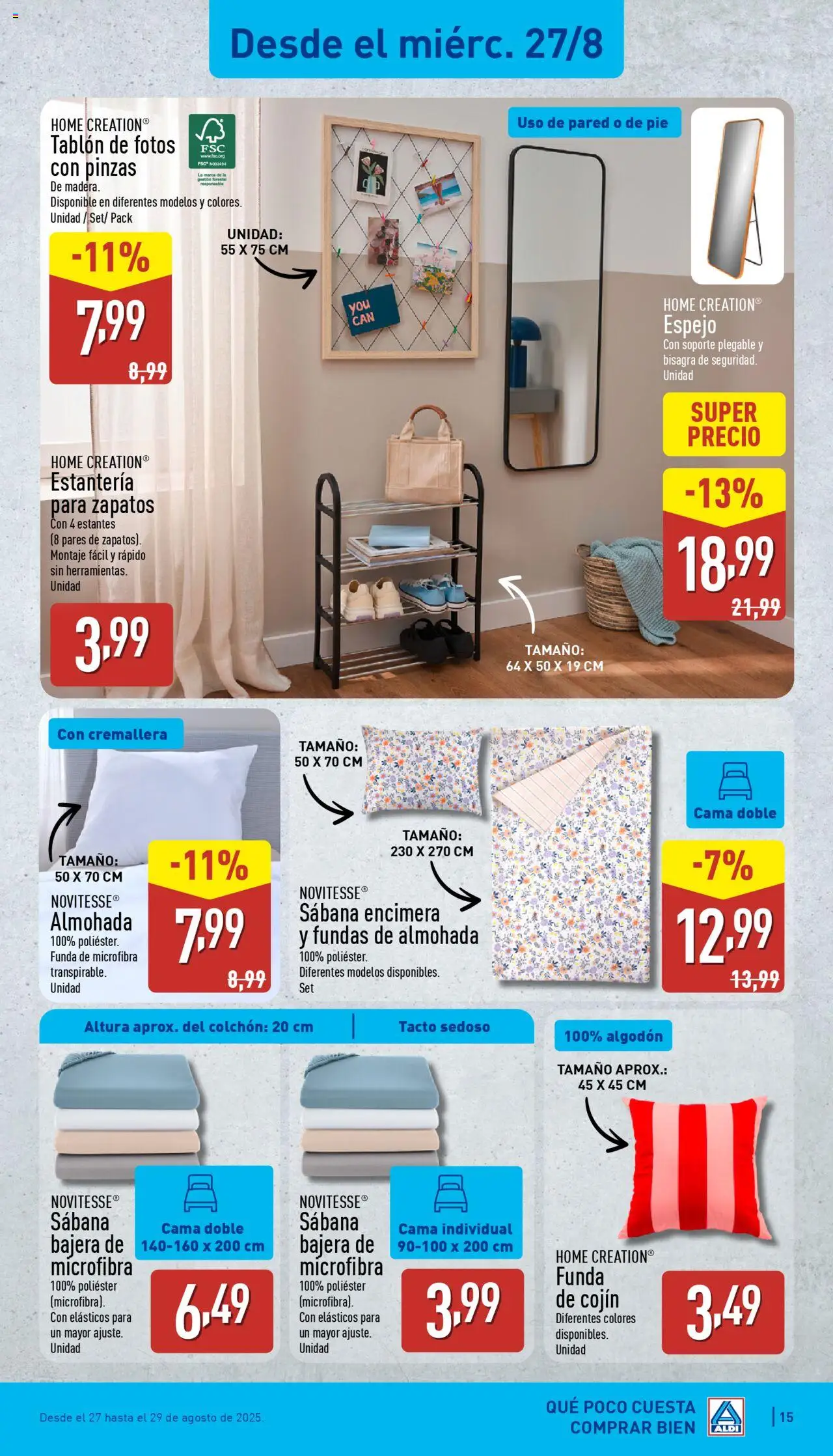 Aldi folleto Baleares │ válido desde el 25.08.2025 | Página: 15 | Productos: Estantería para zapatos, Funda de cojín, Cama, Almohada