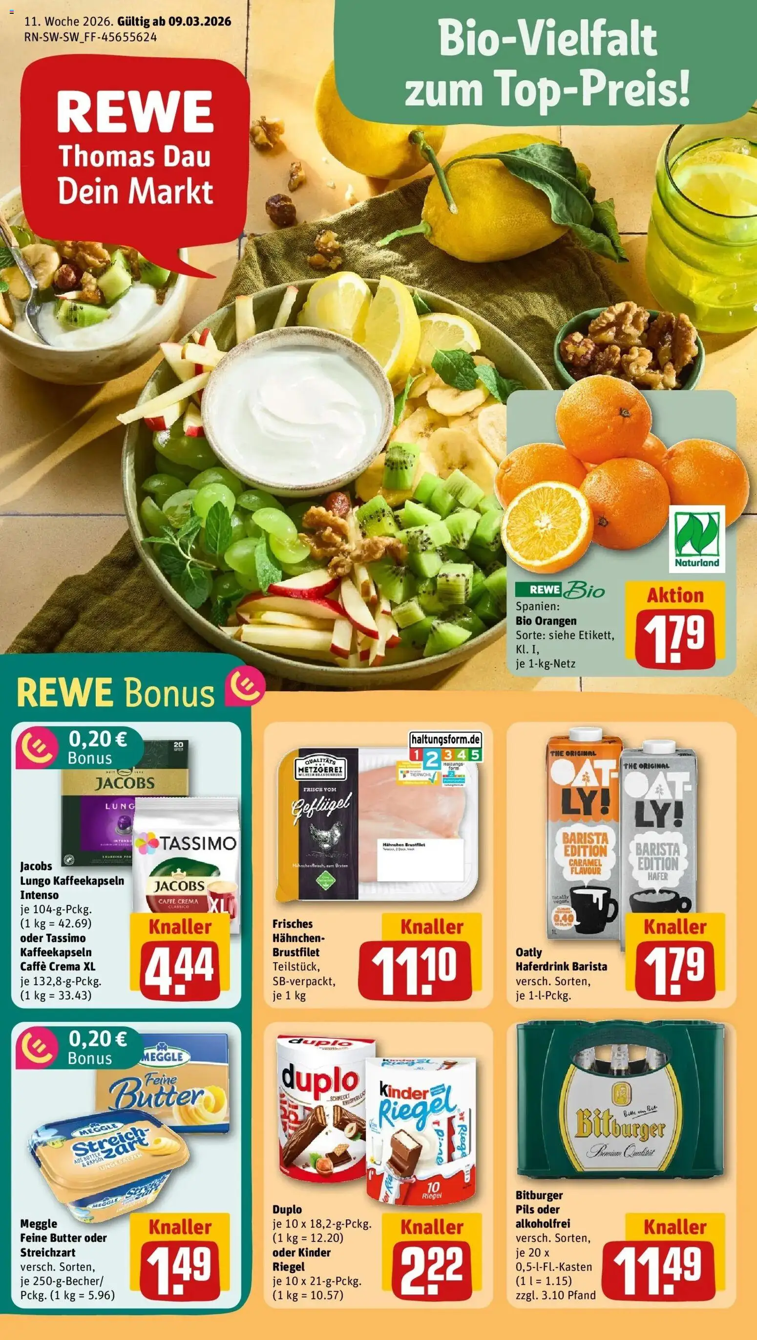 Rewe Prospekt Mengen	 – gültig ab 09.03.2026 | Seite: 1 | Produkte: Hahnchen, Butter, Pils, Tassimo