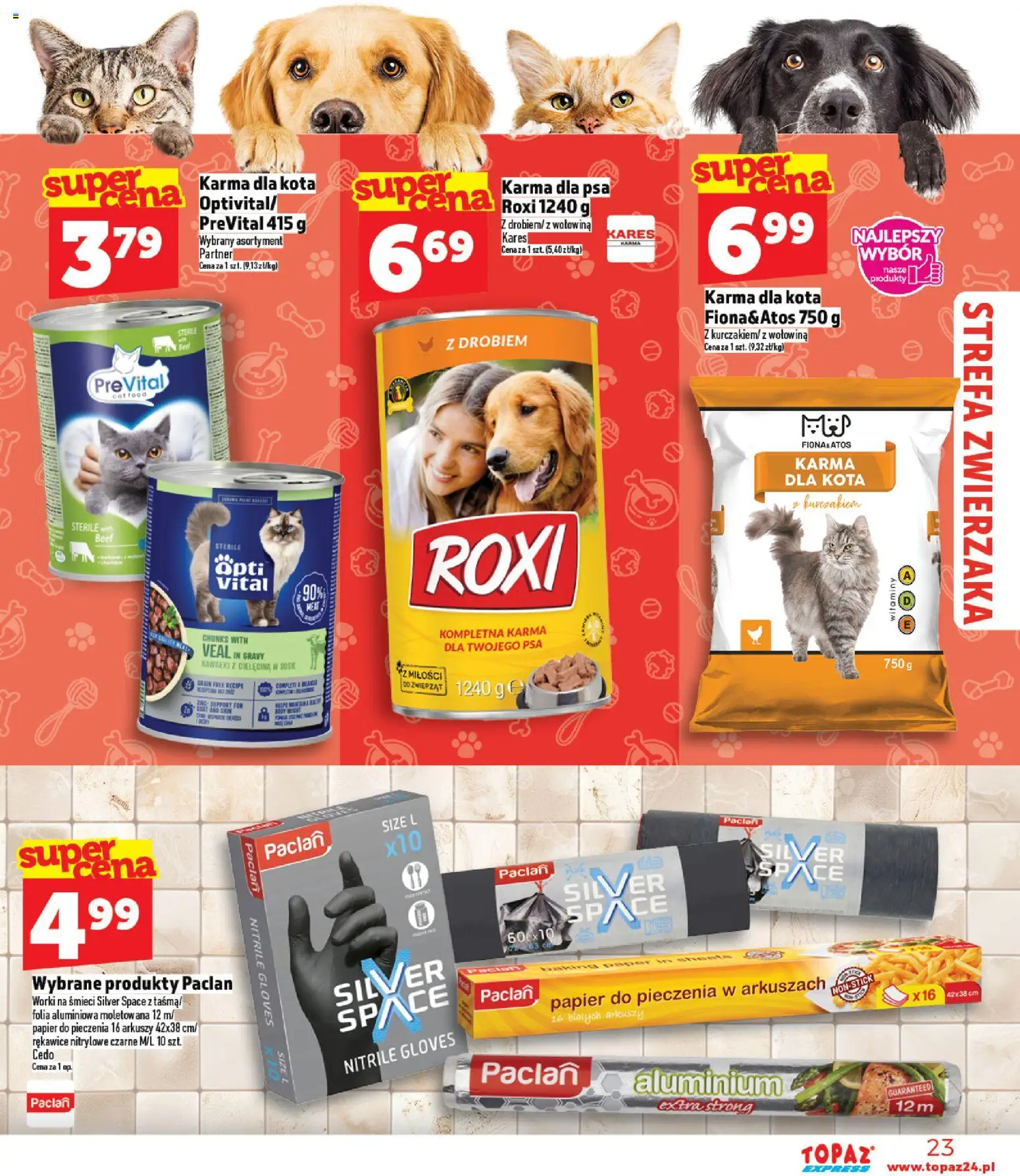 Topaz gazetka - Express od 05.03.2026 | Strona: 23 | Produkty: Papier do pieczenia, Karma dla kota, Karma dla psa, Wołowina