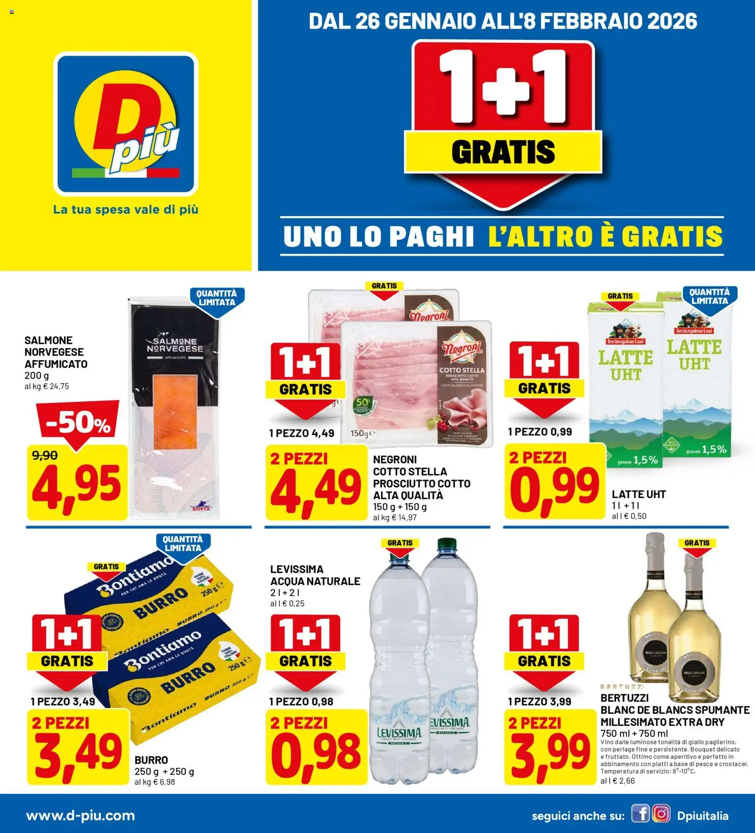 Volantino D Più del 26.01.2026 | Pagina: 1 | Prodotti: Acqua, Prosciutto, Vino, Burro