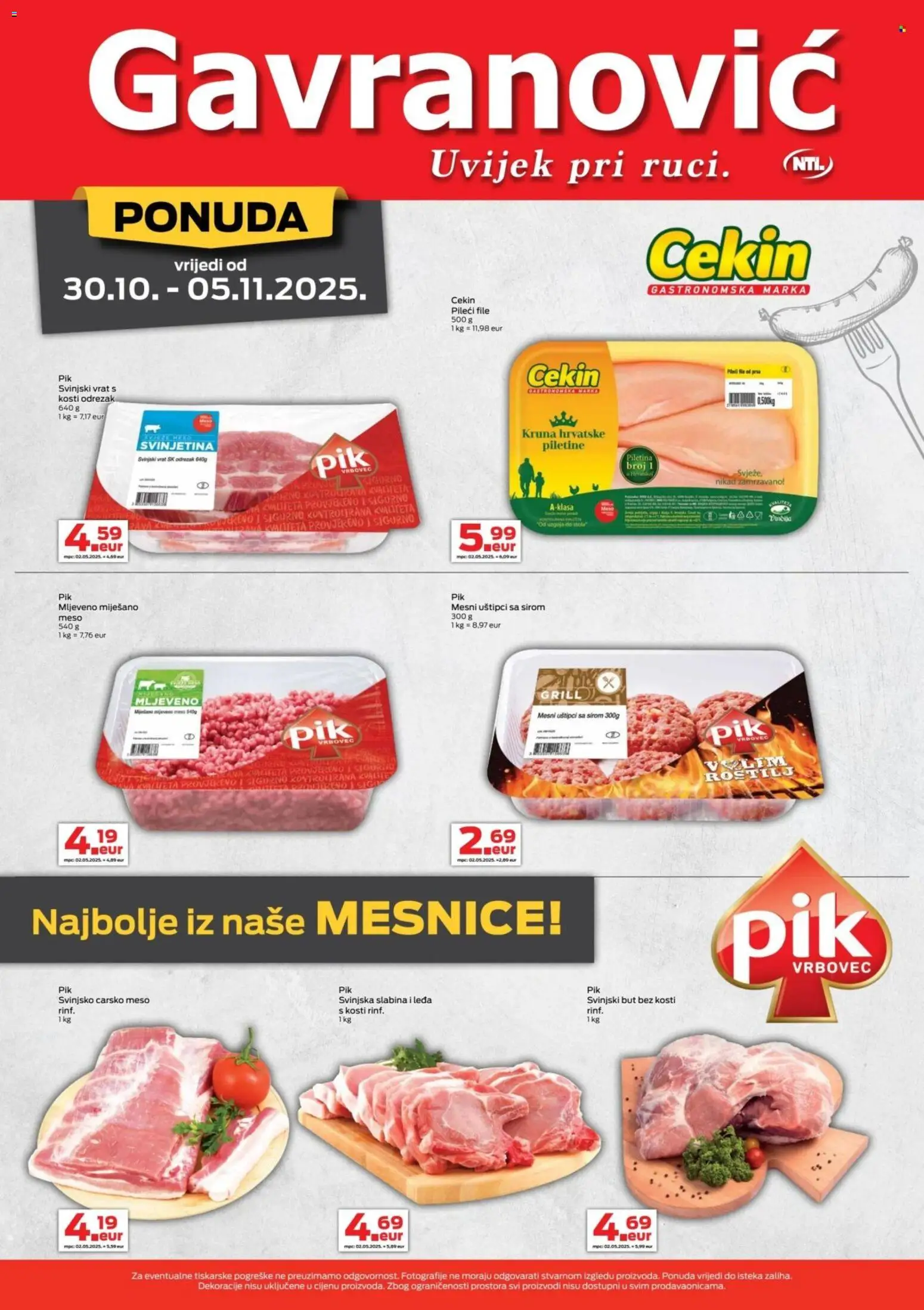 Gavranović katalog | vrijedi od 30.10.2025 | Stranica: 5 | Proizvodi: Svinjski vrat, Pileći file, Meso, Piletina