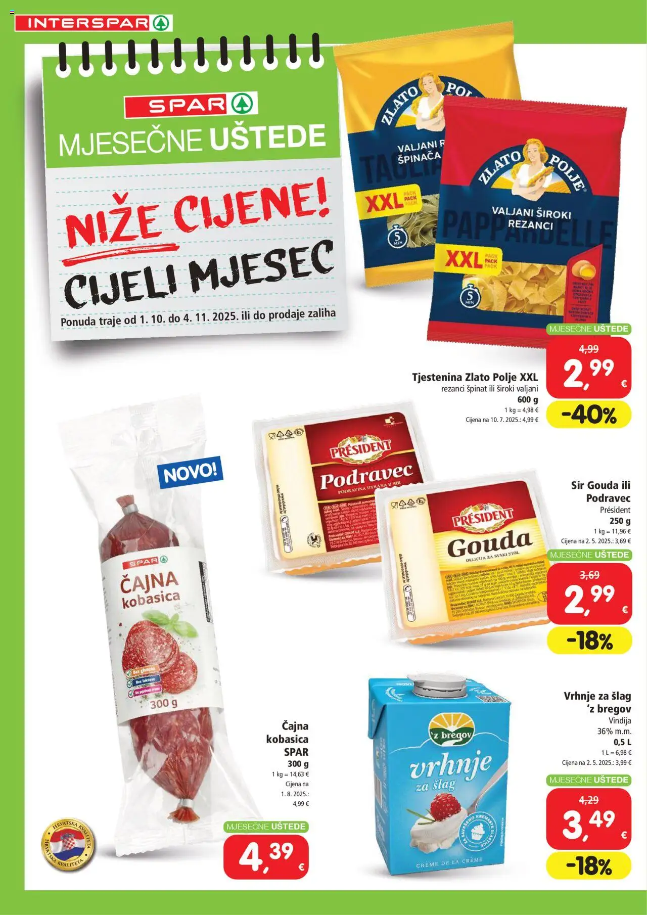 Interspar katalog | vrijedi od 01.10.2025 | Stranica: 2 | Proizvodi: Vrhnje za šlag, Sir, Rezanci, Kobasica