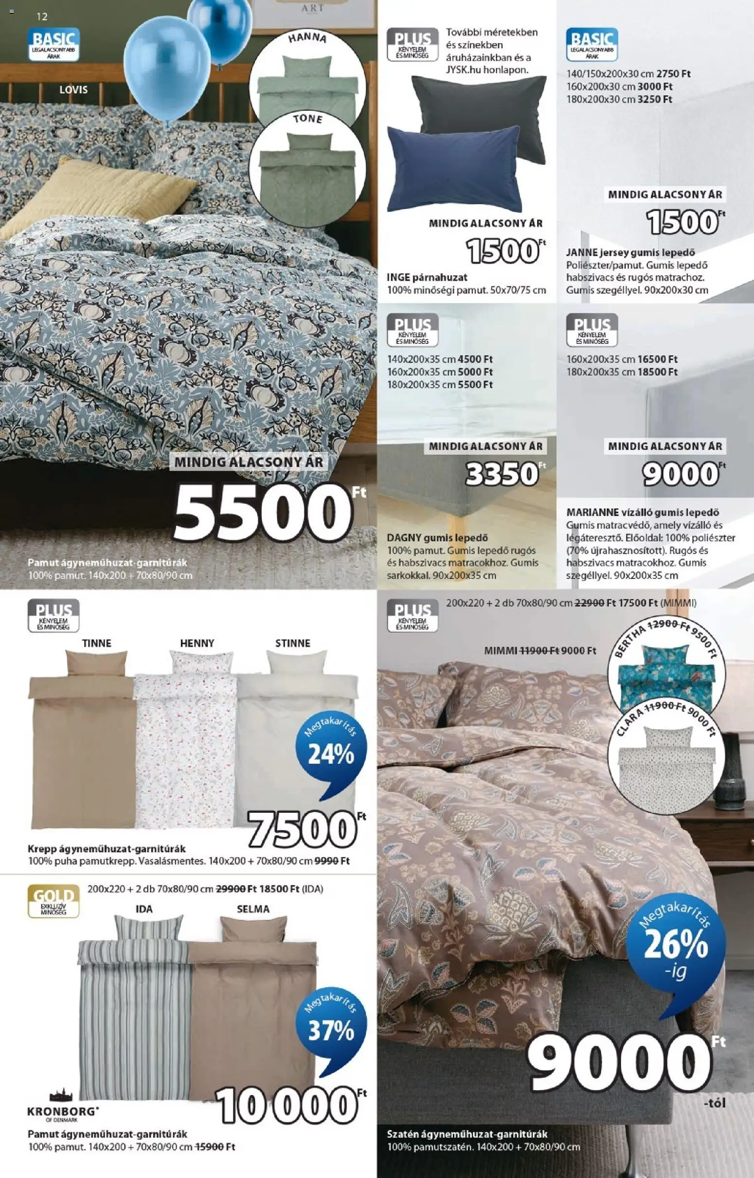 JYSK akciós ujság - amely érvényes a következő dátumtól: 15.04.2026 | Oldal: 12 | Termékek: Párnahuzat, Gumis lepedő, Lepedő