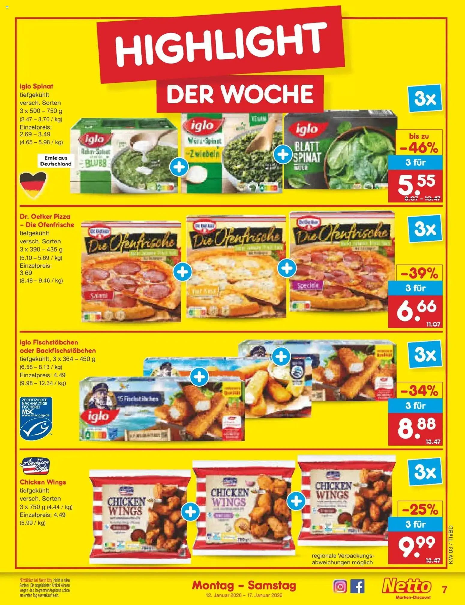 Netto Marken-Discount prospekt Thiendorf	 – gültig ab 12.01.2026 | Seite: 7 | Produkte: Iglo, Ofenfrische, Zwiebeln, Fischstabchen