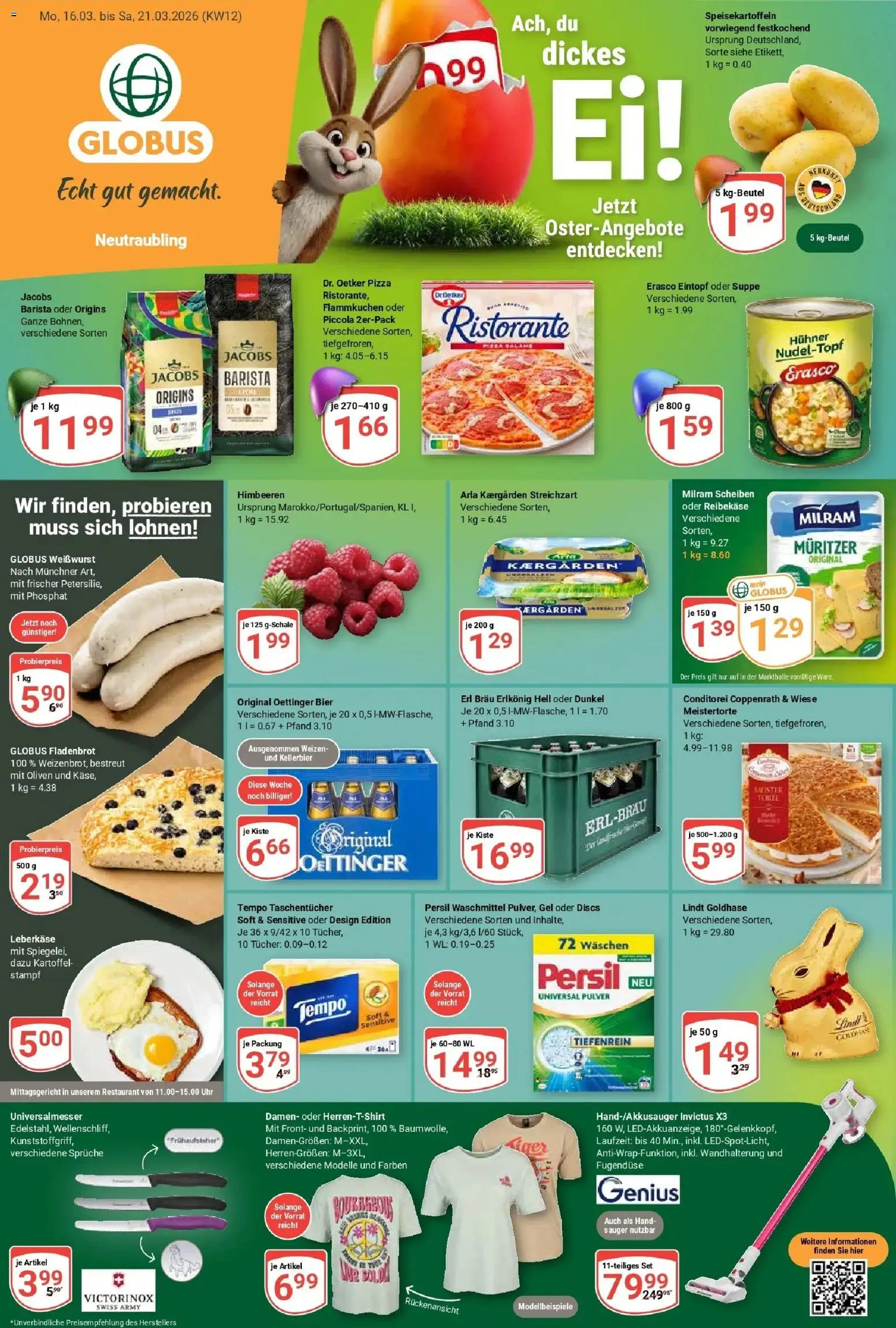 Globus prospekt Neutraubling	 – gültig ab 15.03.2026 | Seite: 1 | Produkte: Milram, Tempo, Pizza, Reibekase
