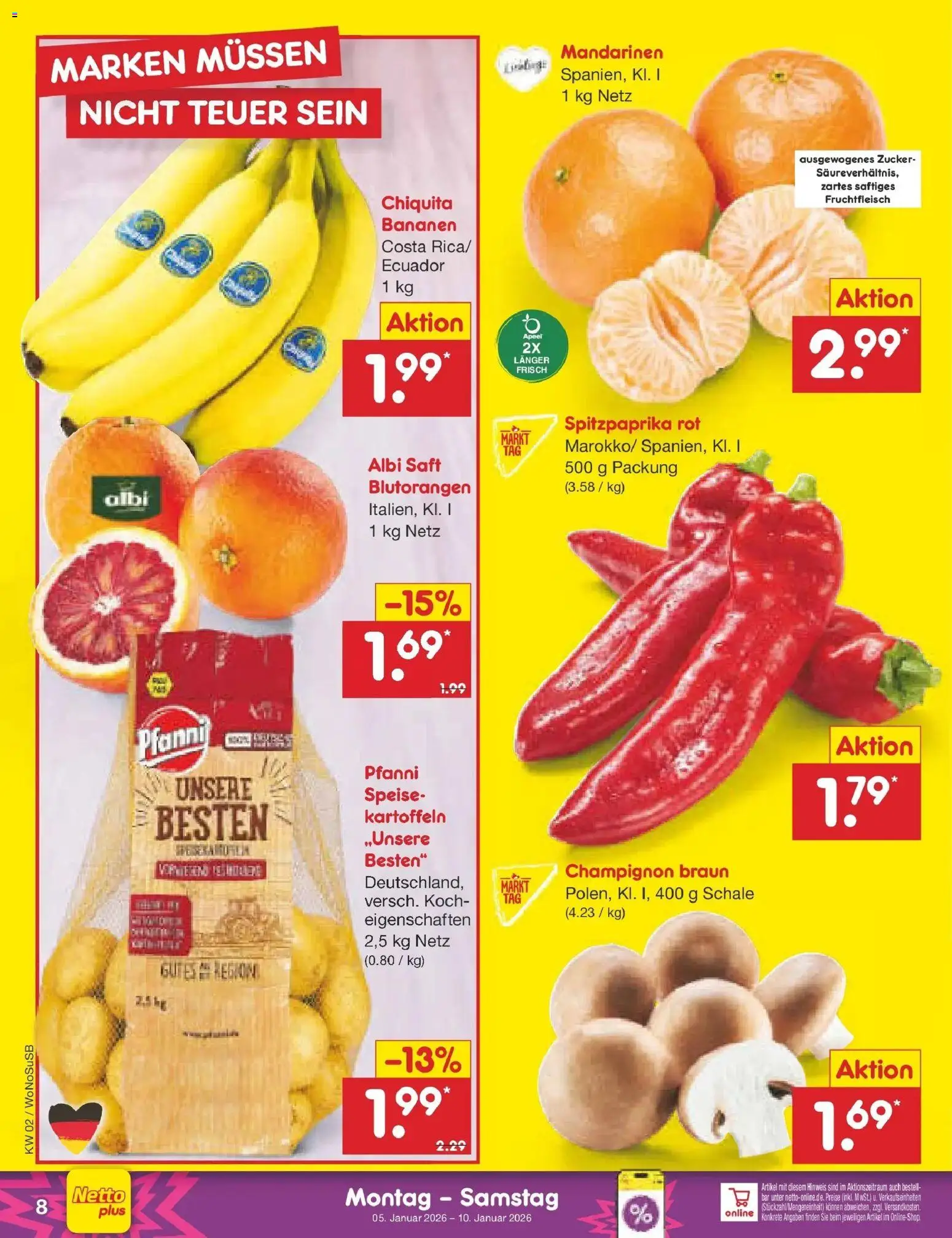 Netto Marken-Discount prospekt Rodgau	 – gültig ab 05.01.2026 | Seite: 8 | Produkte: Bananen, Kartoffeln, Zucker, Saft